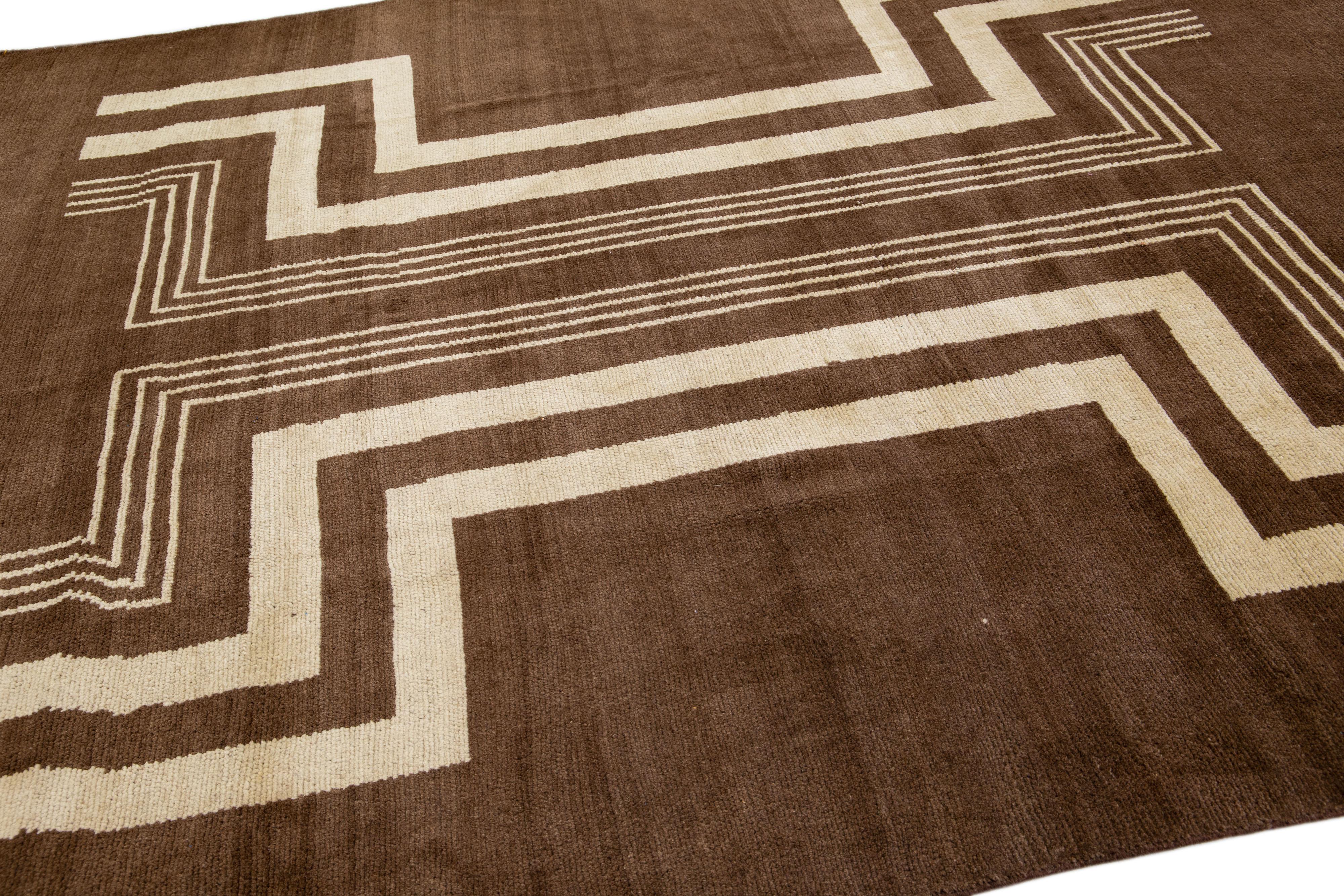 Hand-Knotted Transitional Art Deco Style Brown Handmade Designed Wool Rug by Apadana For Sale