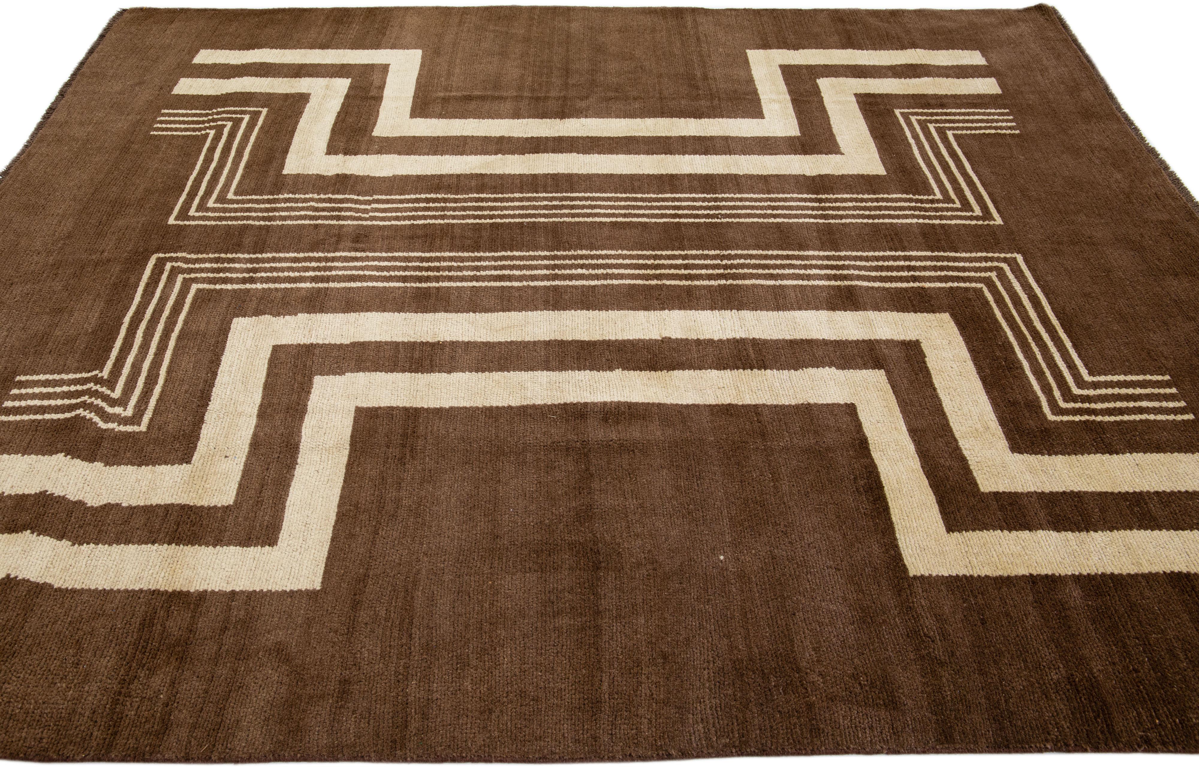 Transitional Art Deco Style Brown Handmade Designed Wool Rug by Apadana In New Condition For Sale In Norwalk, CT