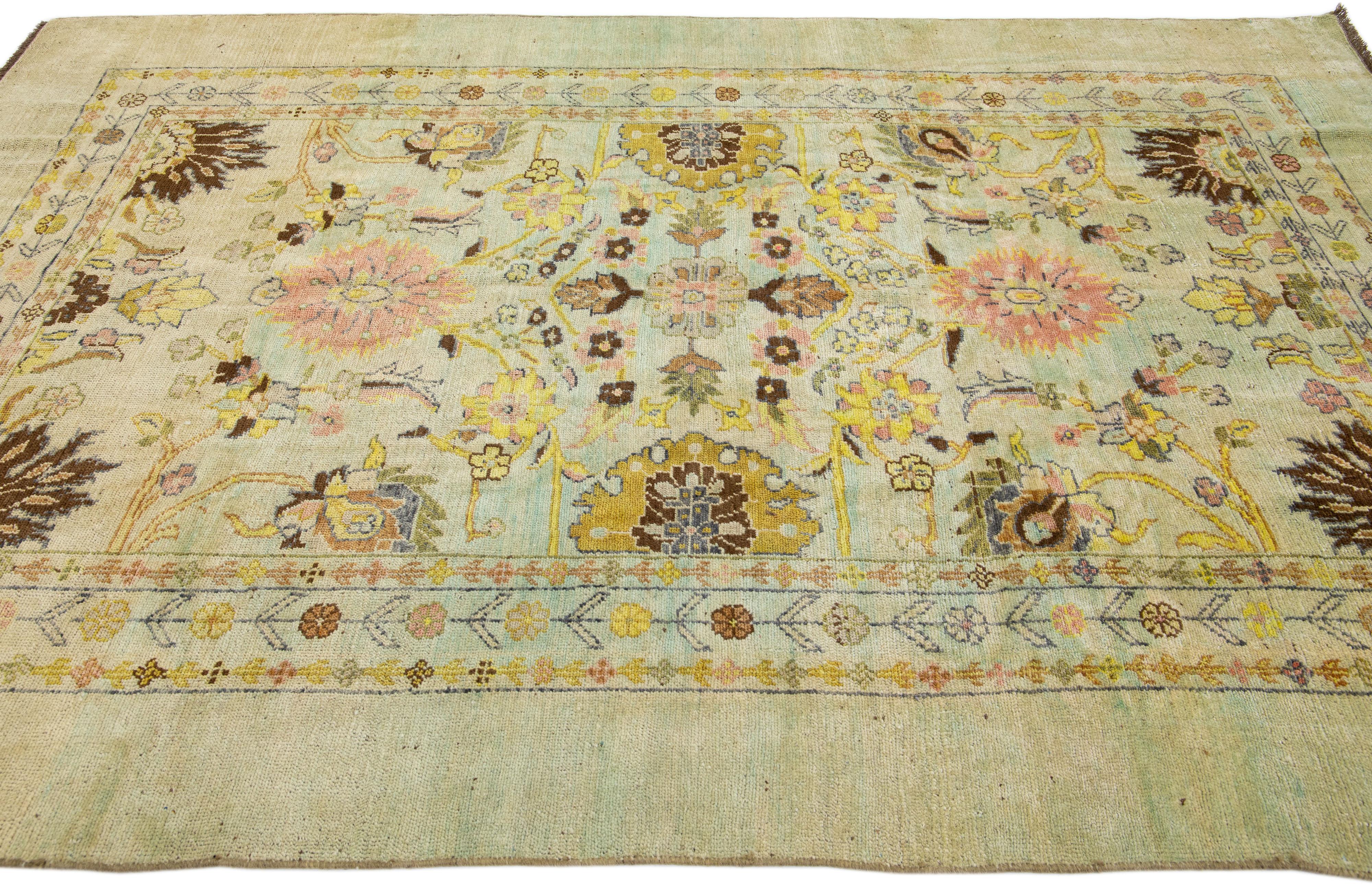 Hand-Knotted Transitional Art Deco style Green Handmade Floral Wool Rug by Apadana For Sale