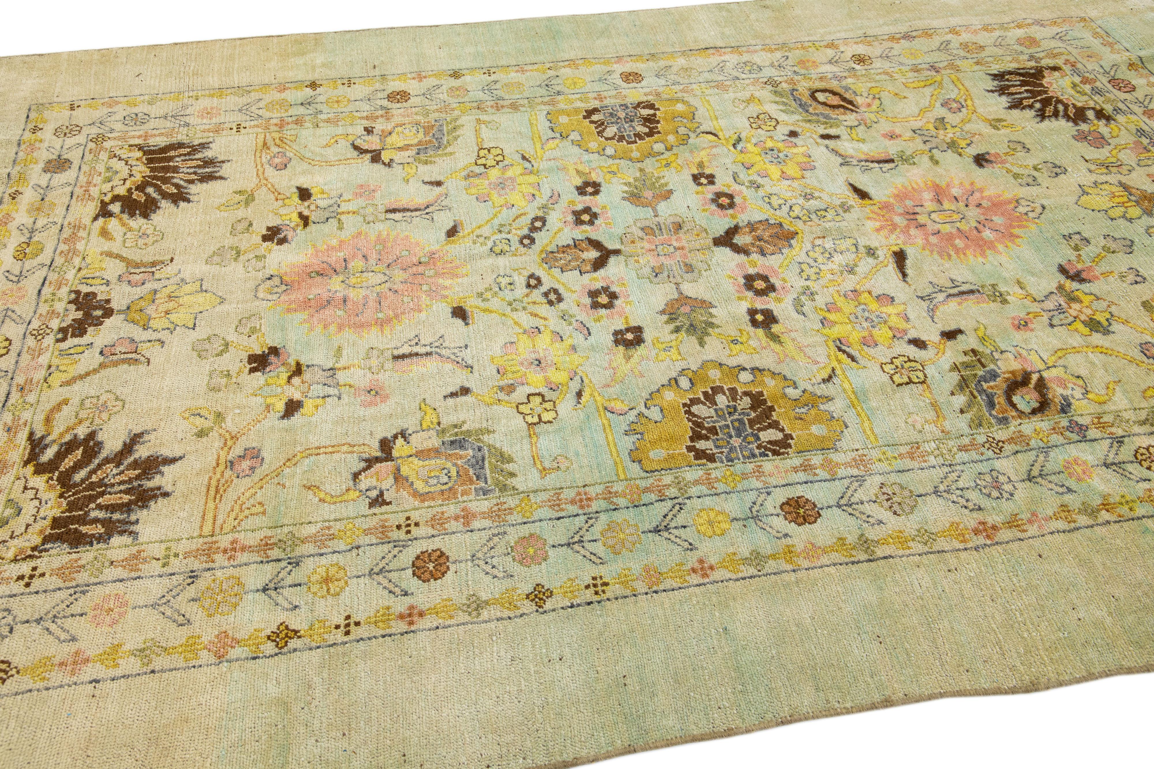 Transitional Art Deco style Green Handmade Floral Wool Rug by Apadana In New Condition For Sale In Norwalk, CT