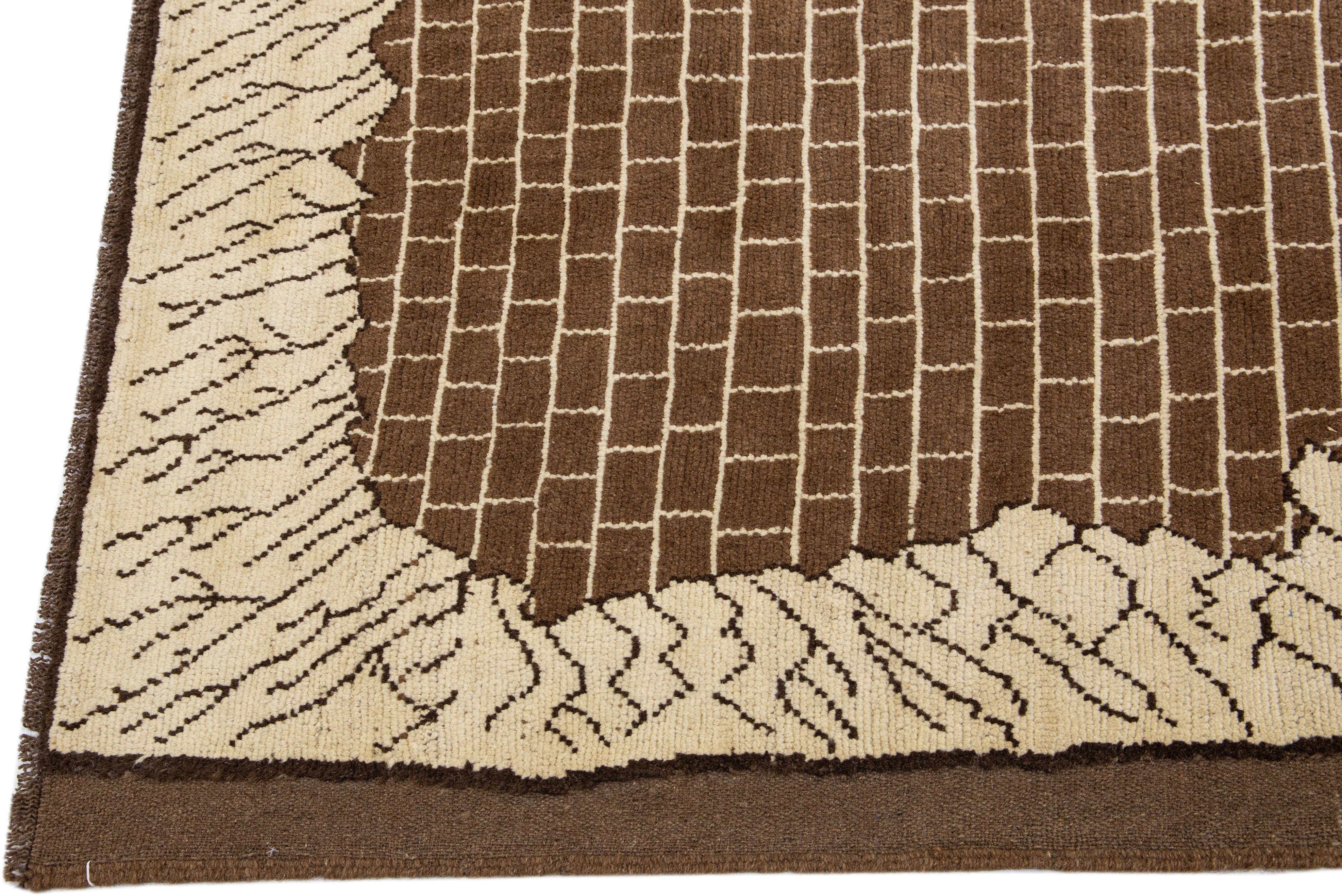 Afghan Transitional Art Deco Style Handmade Brown Pattern Wool Rug by Apadana For Sale