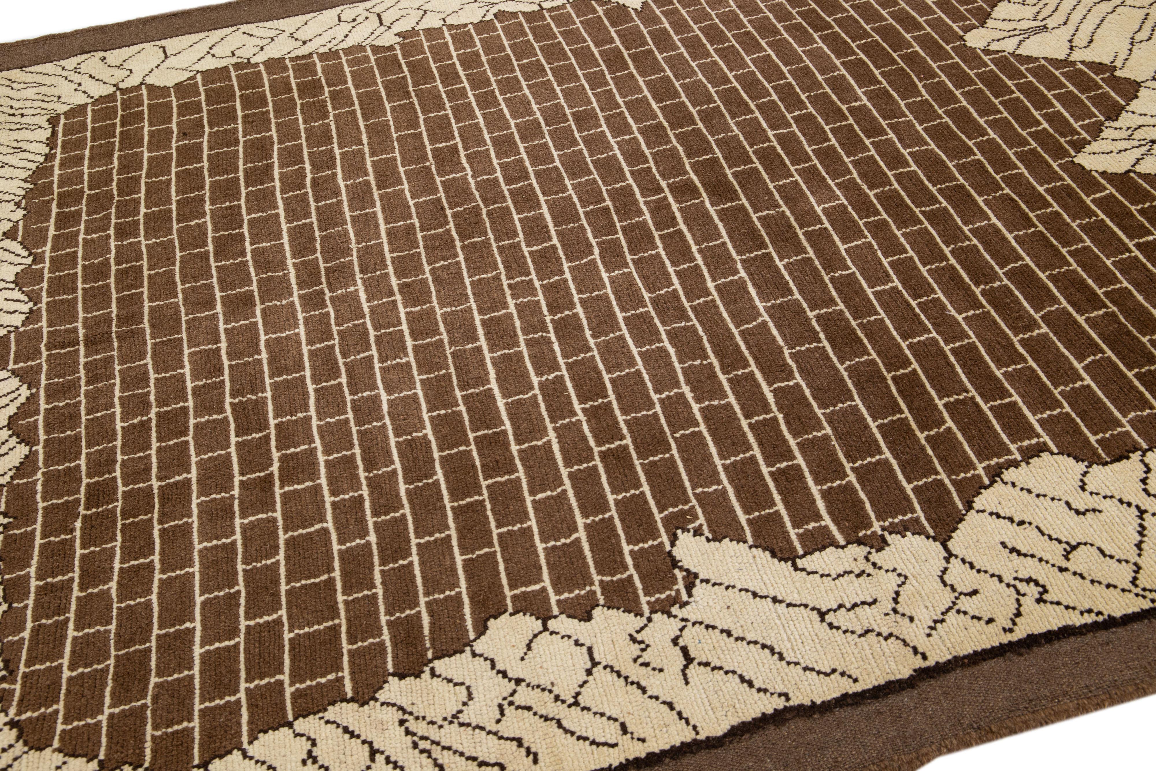Hand-Knotted Transitional Art Deco Style Handmade Brown Pattern Wool Rug by Apadana For Sale