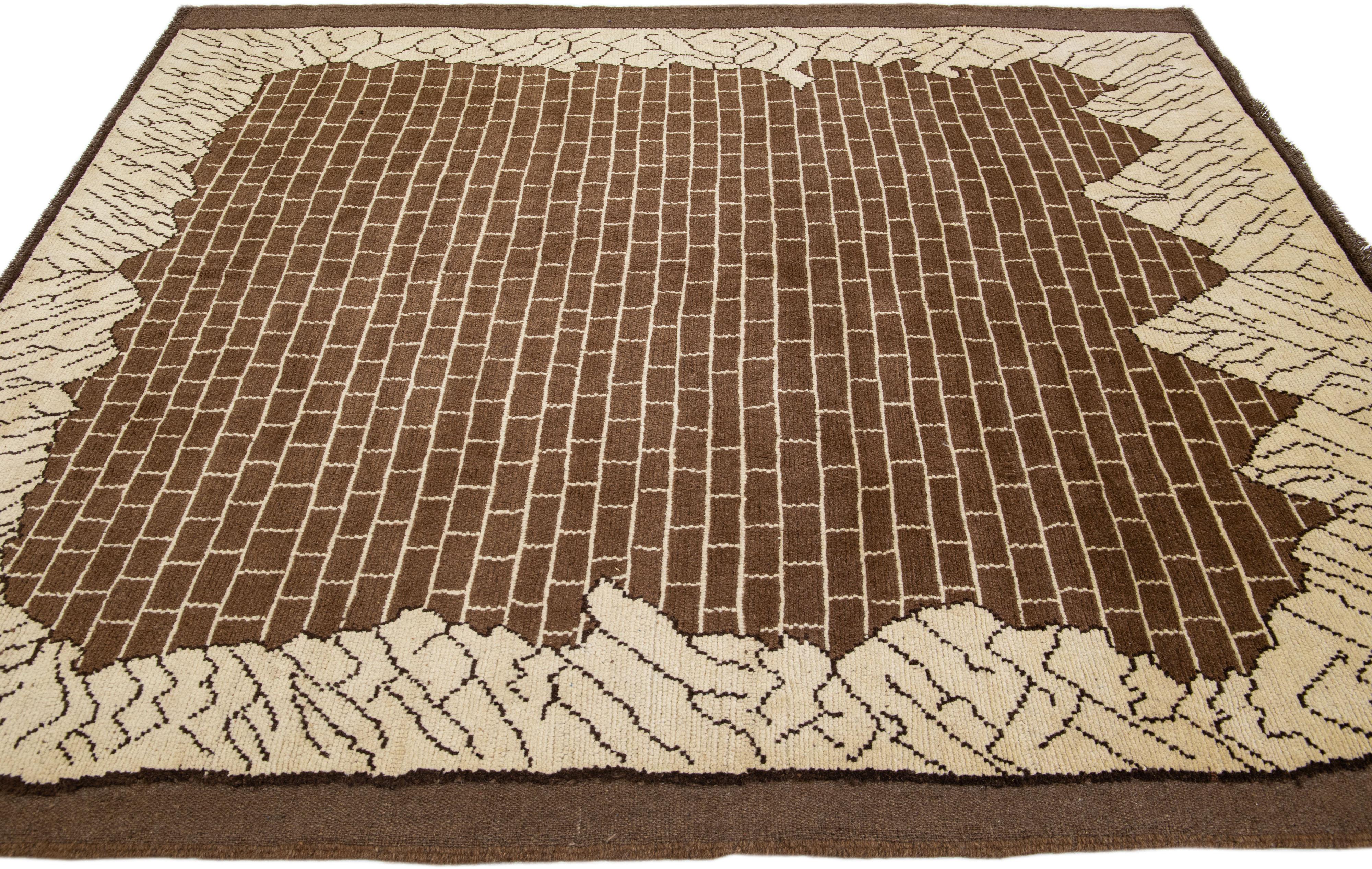 Transitional Art Deco Style Handmade Brown Pattern Wool Rug by Apadana In New Condition For Sale In Norwalk, CT