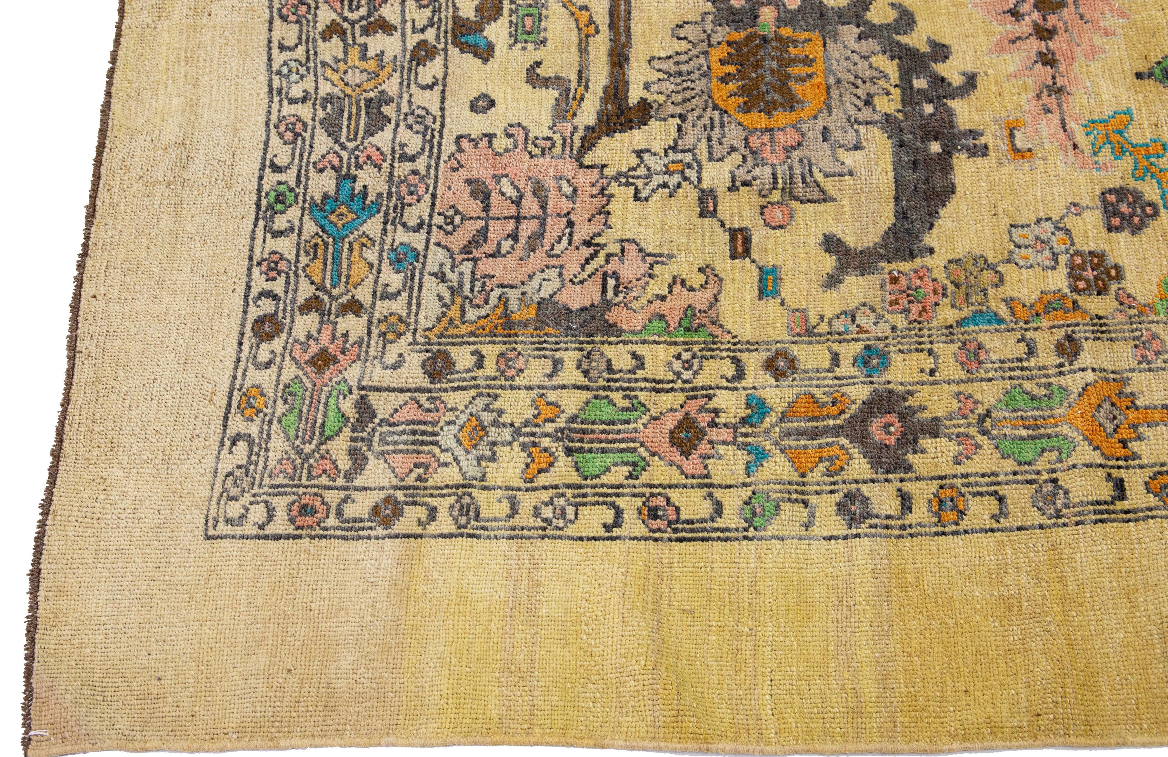 Afghan Transitional Art Deco Style Handmade Floral Beige/Tan Wool Rug by Apadana For Sale