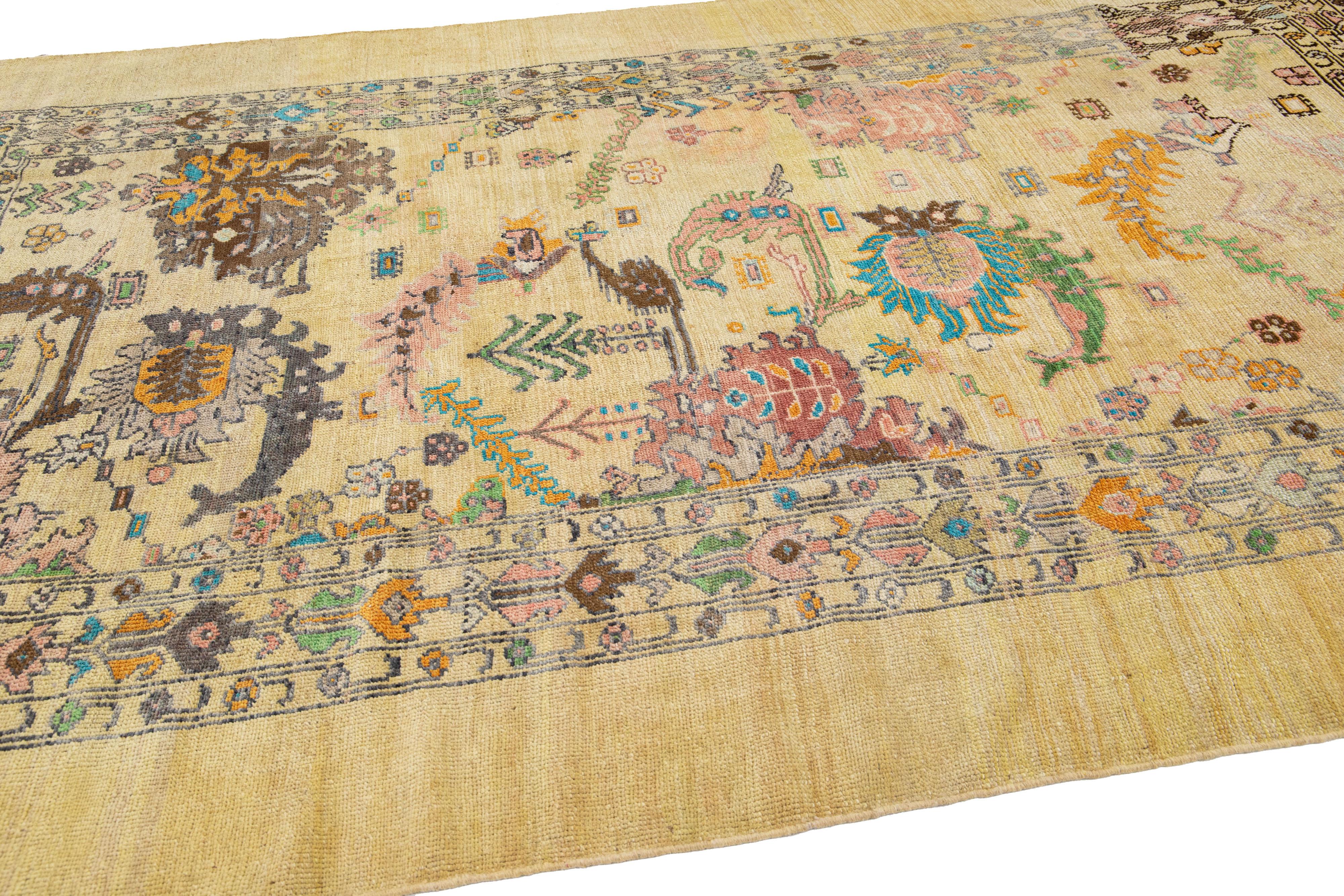 Hand-Knotted Transitional Art Deco Style Handmade Floral Beige/Tan Wool Rug by Apadana For Sale