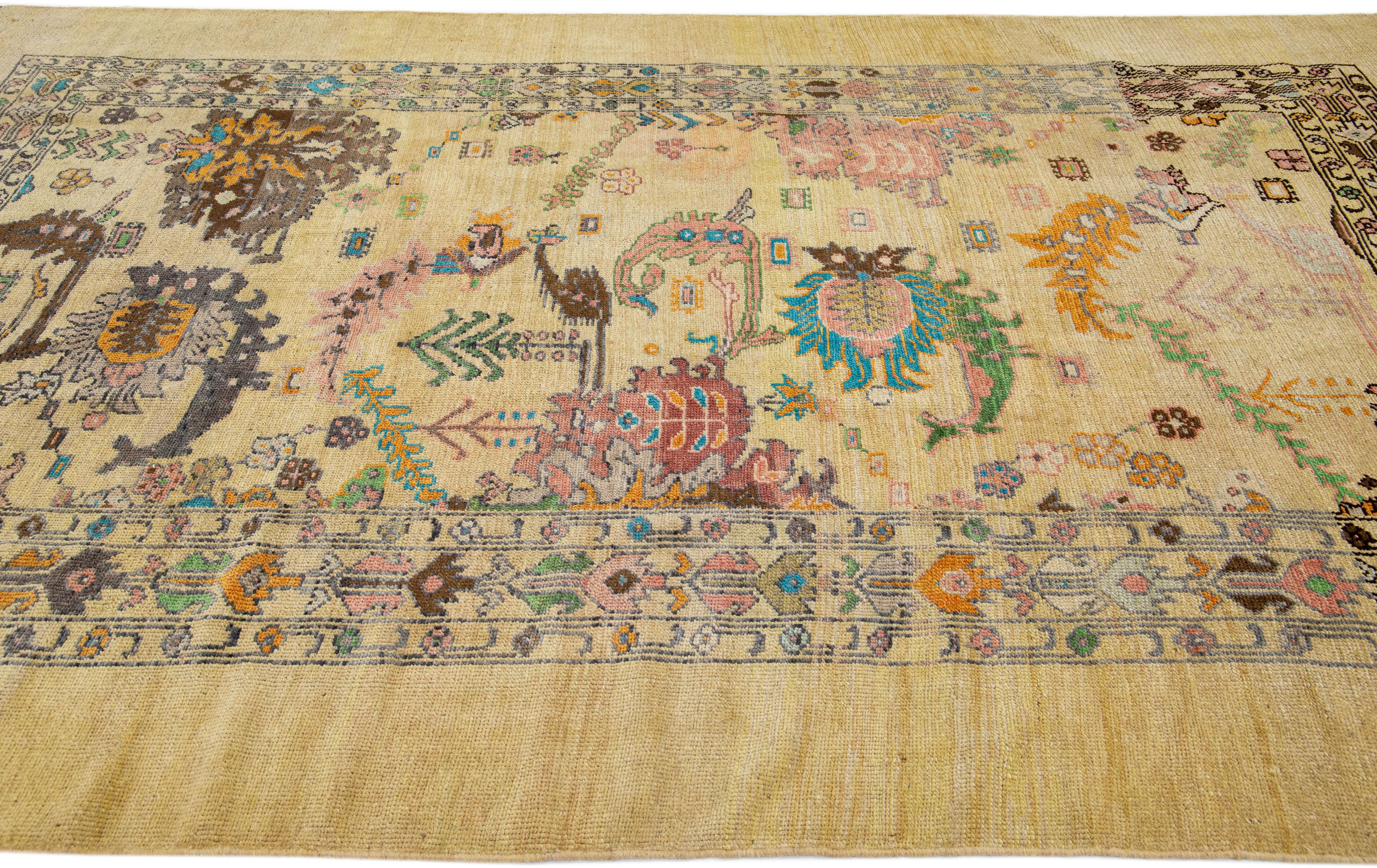 Transitional Art Deco Style Handmade Floral Beige/Tan Wool Rug by Apadana In New Condition For Sale In Norwalk, CT