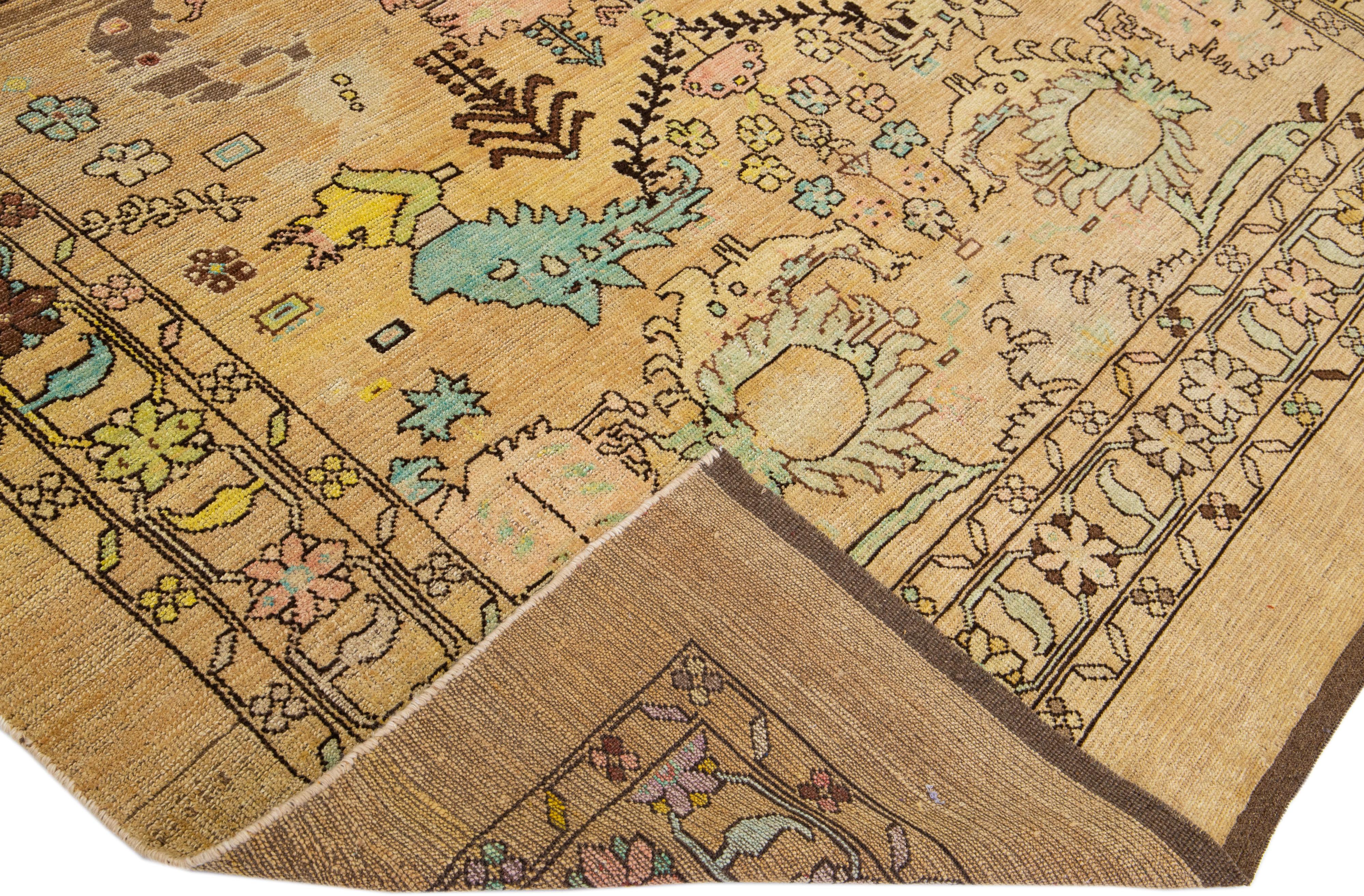 This Beautiful Modern Art Deco handmade wool rug makes part of our Northwest collection and features a tan & brown color field with multicolor accents in a gorgeous floral motif.

This rug measures: 8' x 8'9