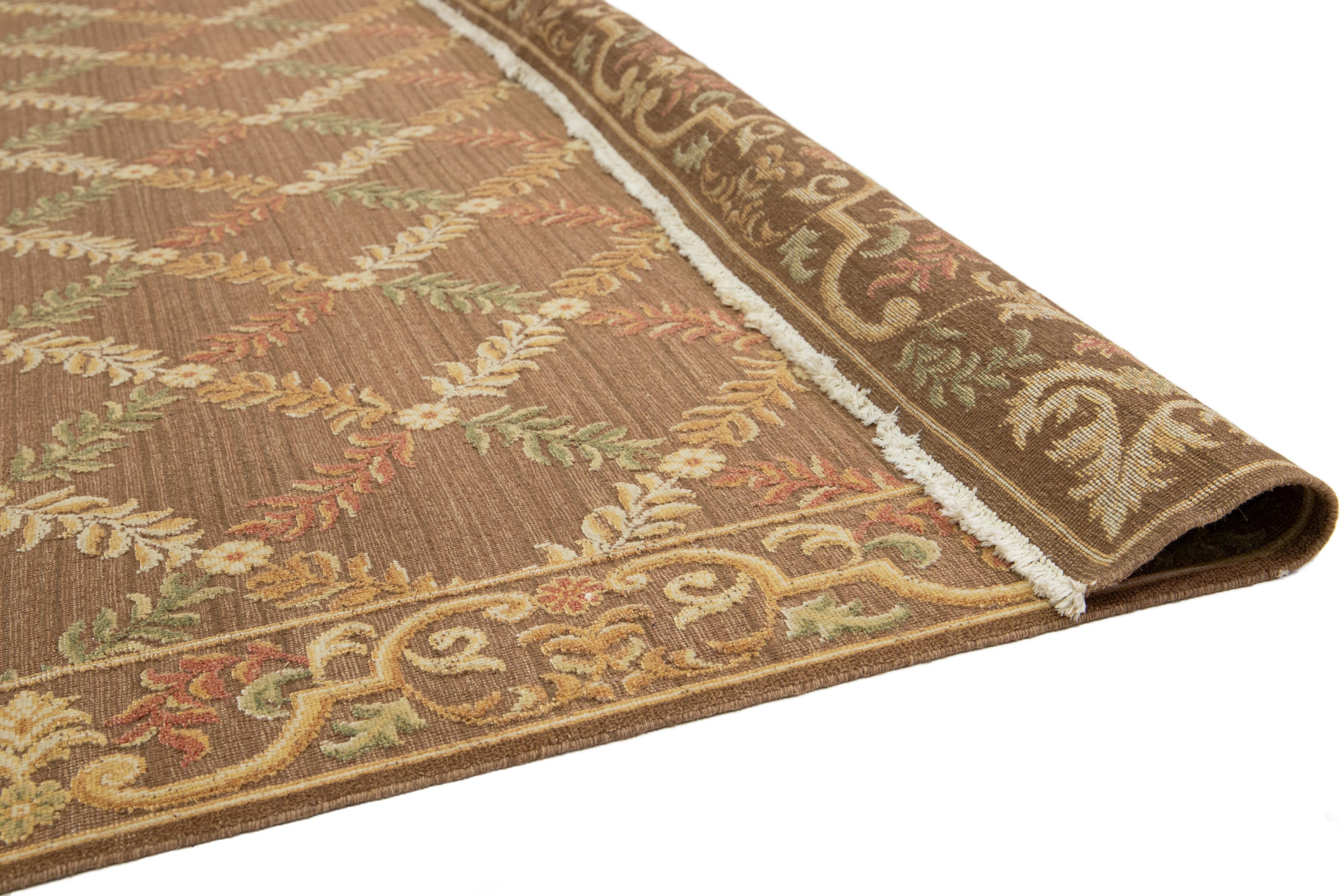 Hand-Knotted Transitional Basserabian Flatweave Brown Wool Rug With French Design For Sale
