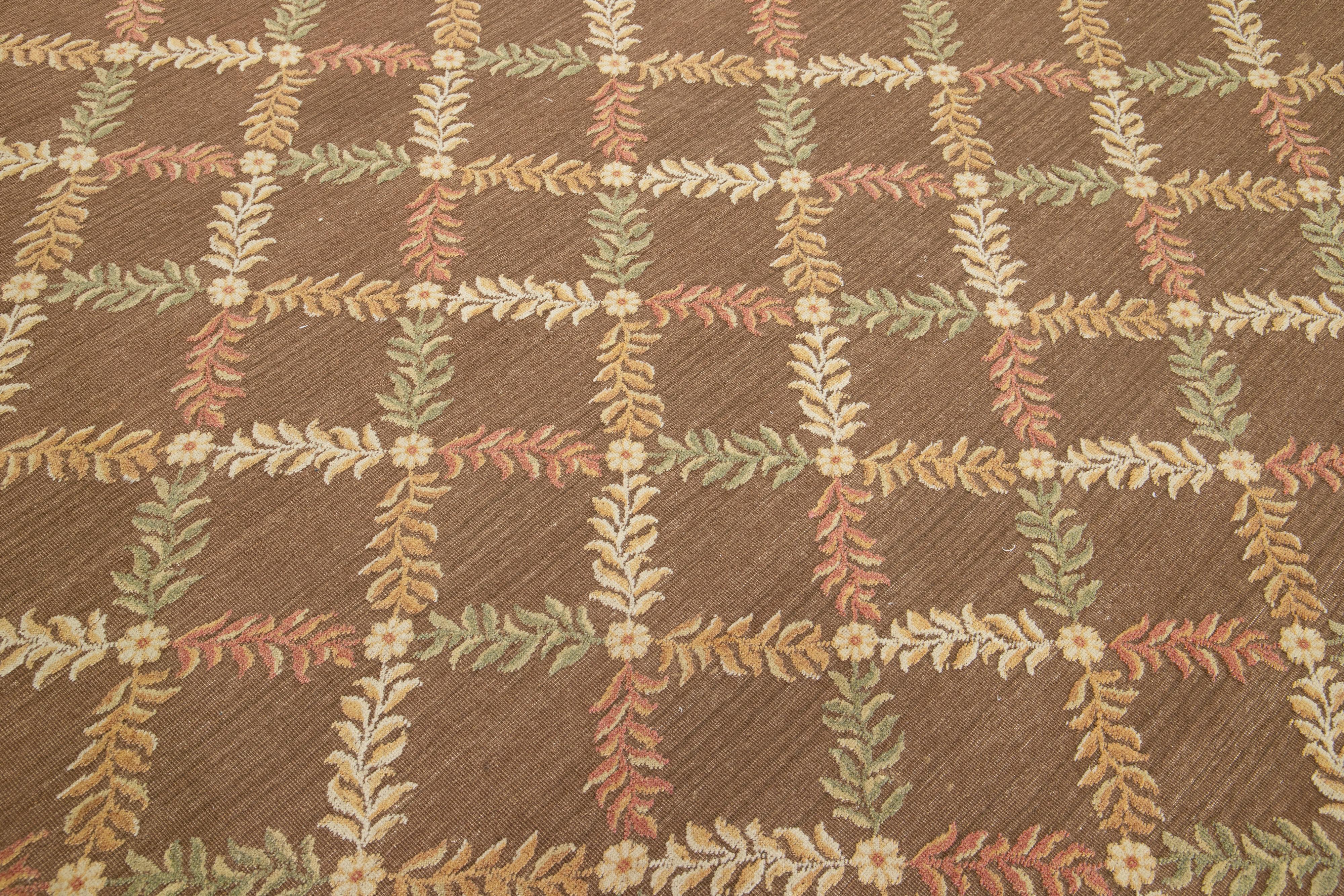 Contemporary Transitional Basserabian Flatweave Brown Wool Rug With French Design For Sale