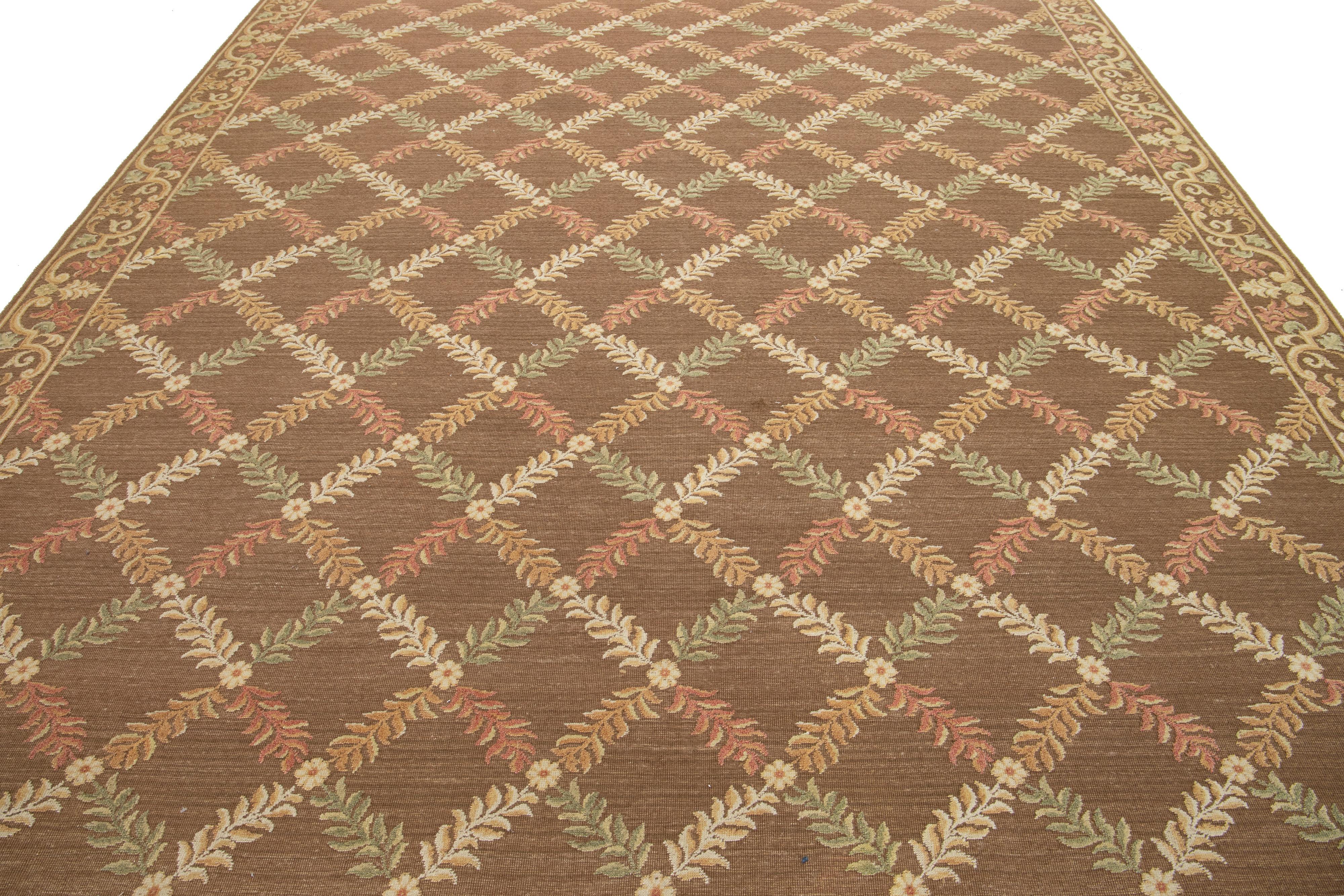 Transitional Basserabian Flatweave Brown Wool Rug With French Design For Sale 1