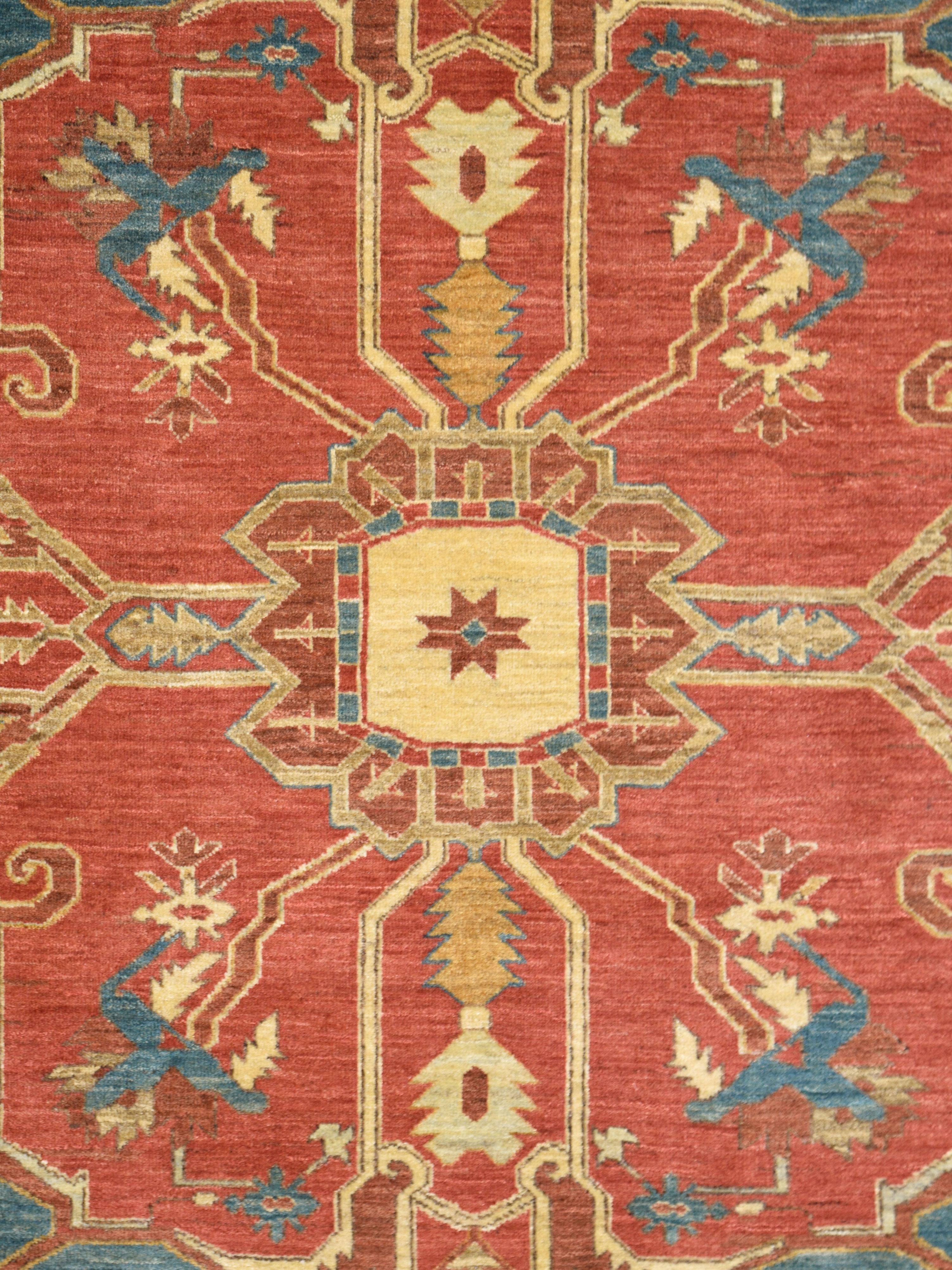 Heriz Serapi Hand-Knotted, Wool Transitional Bidjar Heriz Rug, Red, Taupe, Blue,  9’ x 12’ For Sale