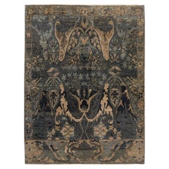 Übergangsteppich im Bidjar-Stil aus anthrazitfarbener und olivgrüner Wolle - modernes botanisches Muster