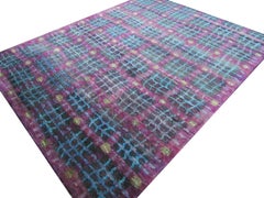 Tapis écologique transitionnel en soie naturelle nouée à la main, noir, violet et turquoise