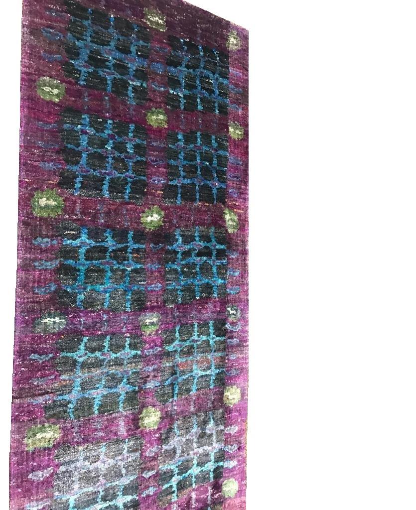 Transitional Black Purple Turquoise Hand-Knotted Natural Silk Eco-Friendly Rug In New Condition For Sale In New York, NY