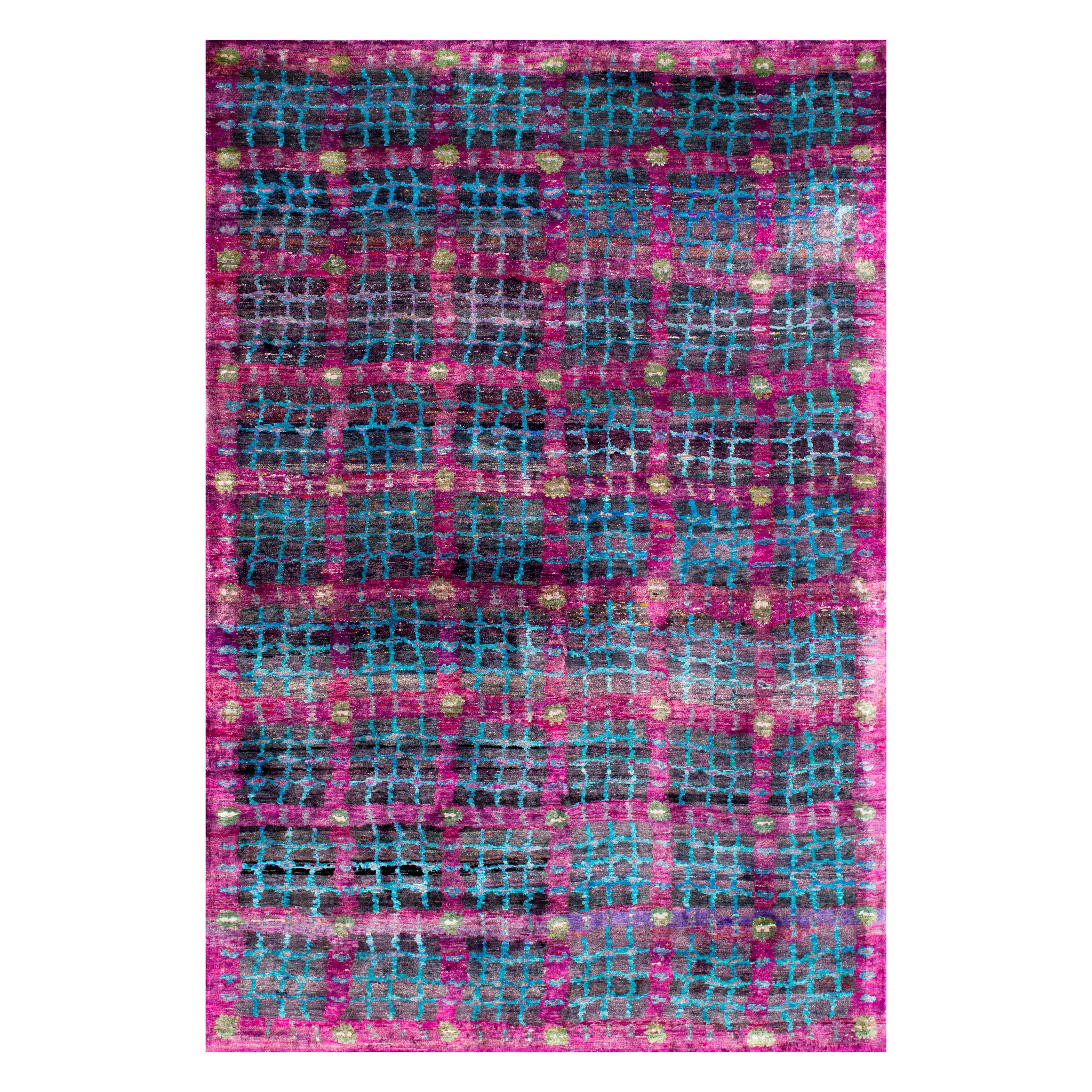 Transitional Black Purple Turquoise Hand-Knotted Natural Silk Eco-Friendly Rug