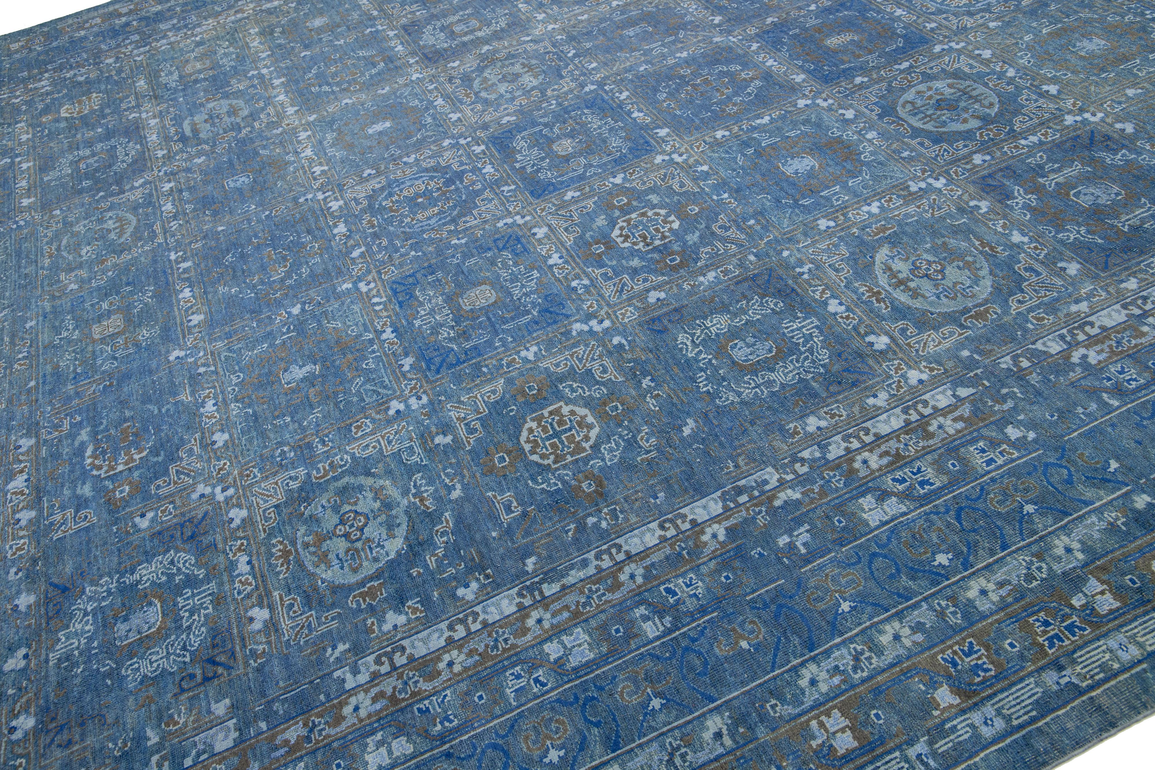 Modern Transitional Blue Handmade Wool Rug With Allover Geometric Motif  For Sale
