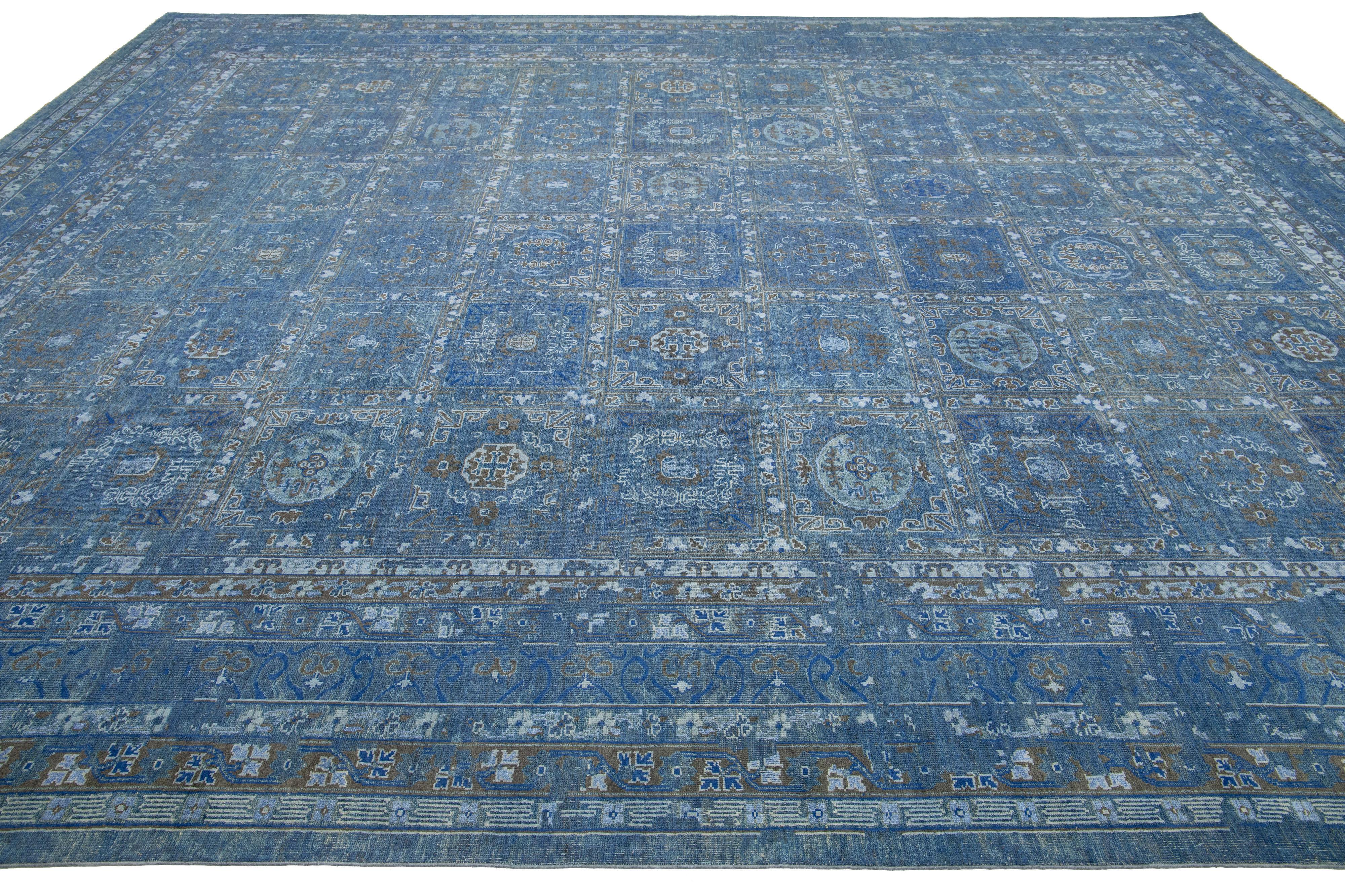 Hand-Knotted Transitional Blue Handmade Wool Rug With Allover Geometric Motif  For Sale