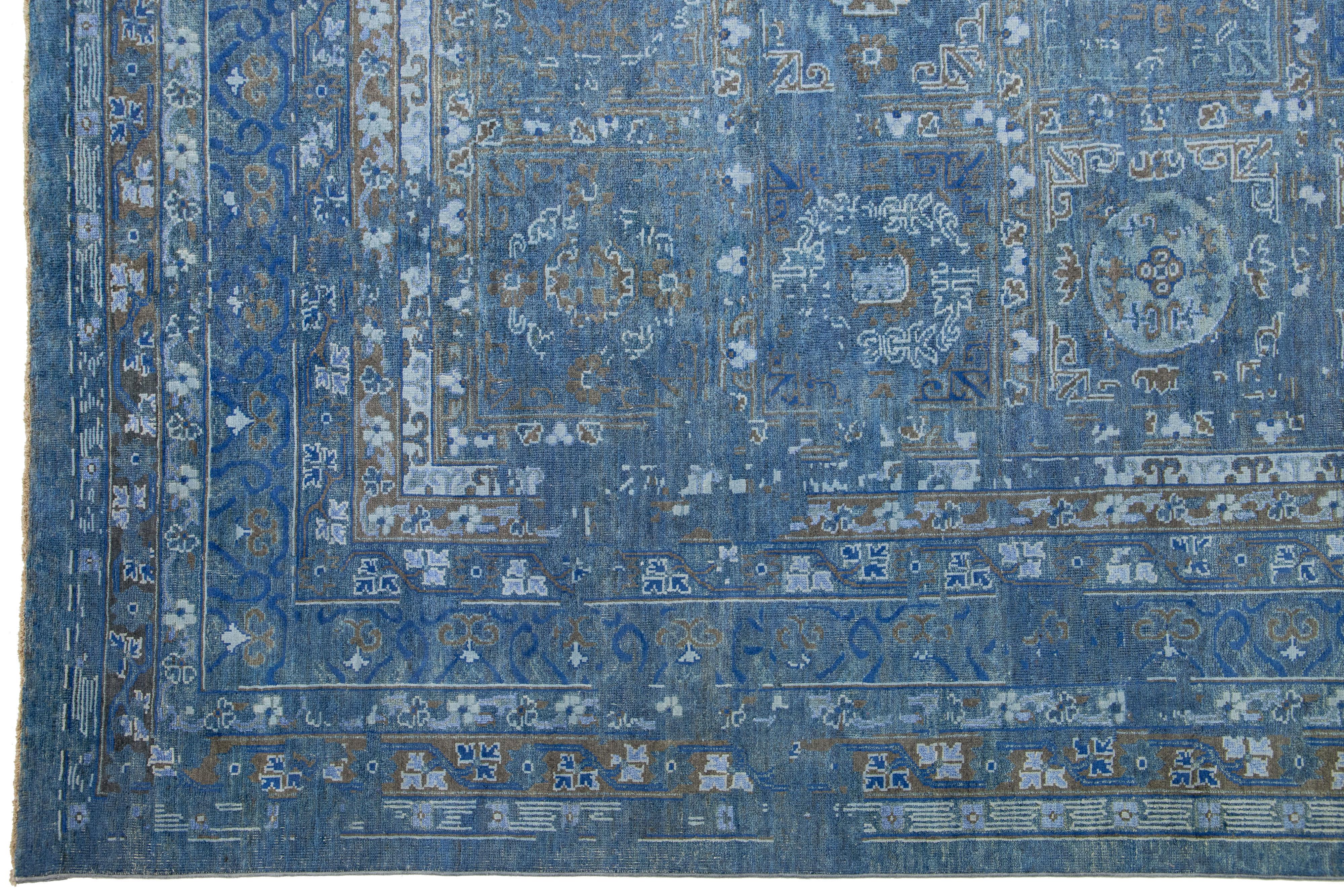 Transitional Blue Handmade Wool Rug With Allover Geometric Motif  In New Condition For Sale In Norwalk, CT