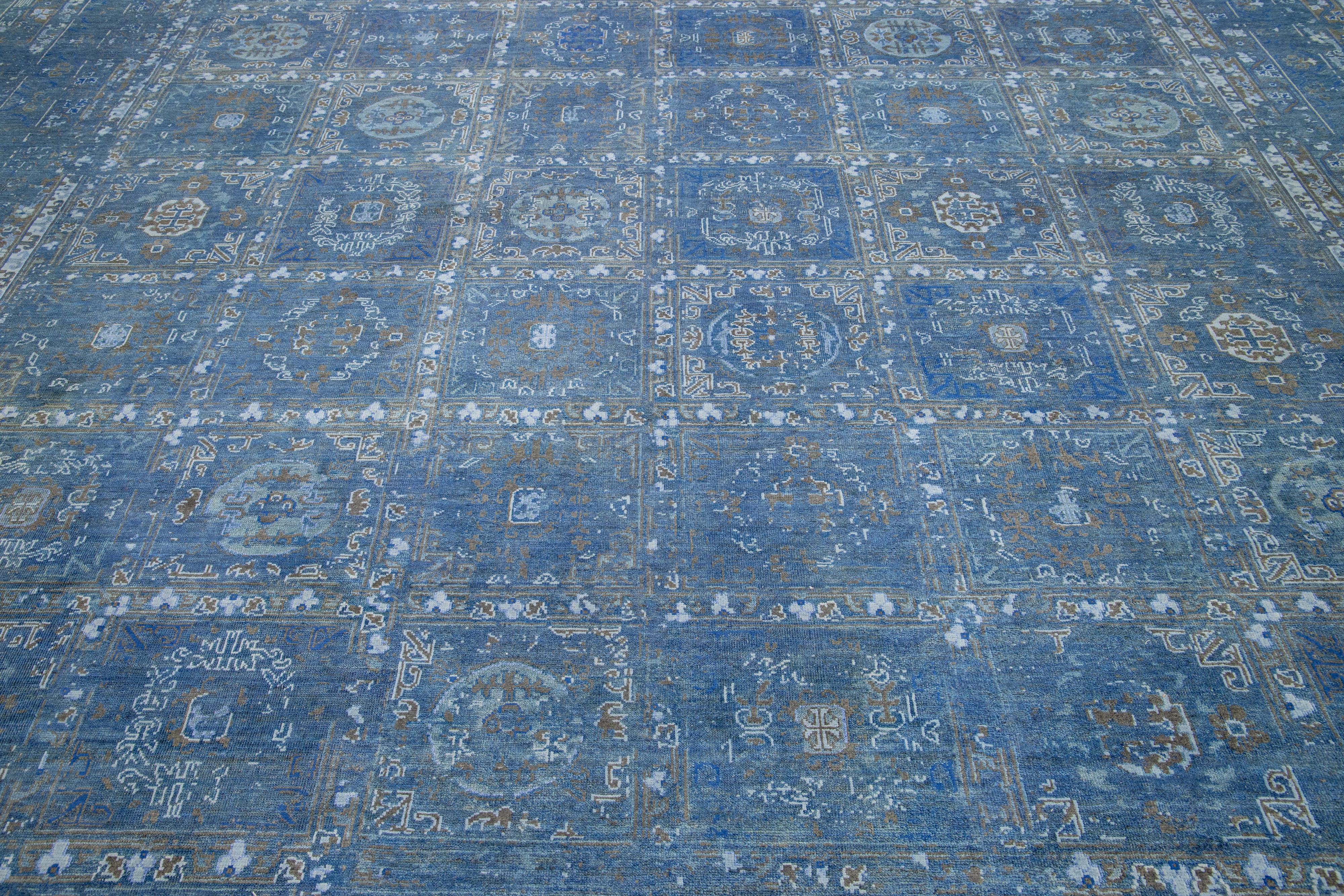 Contemporary Transitional Blue Handmade Wool Rug With Allover Geometric Motif  For Sale