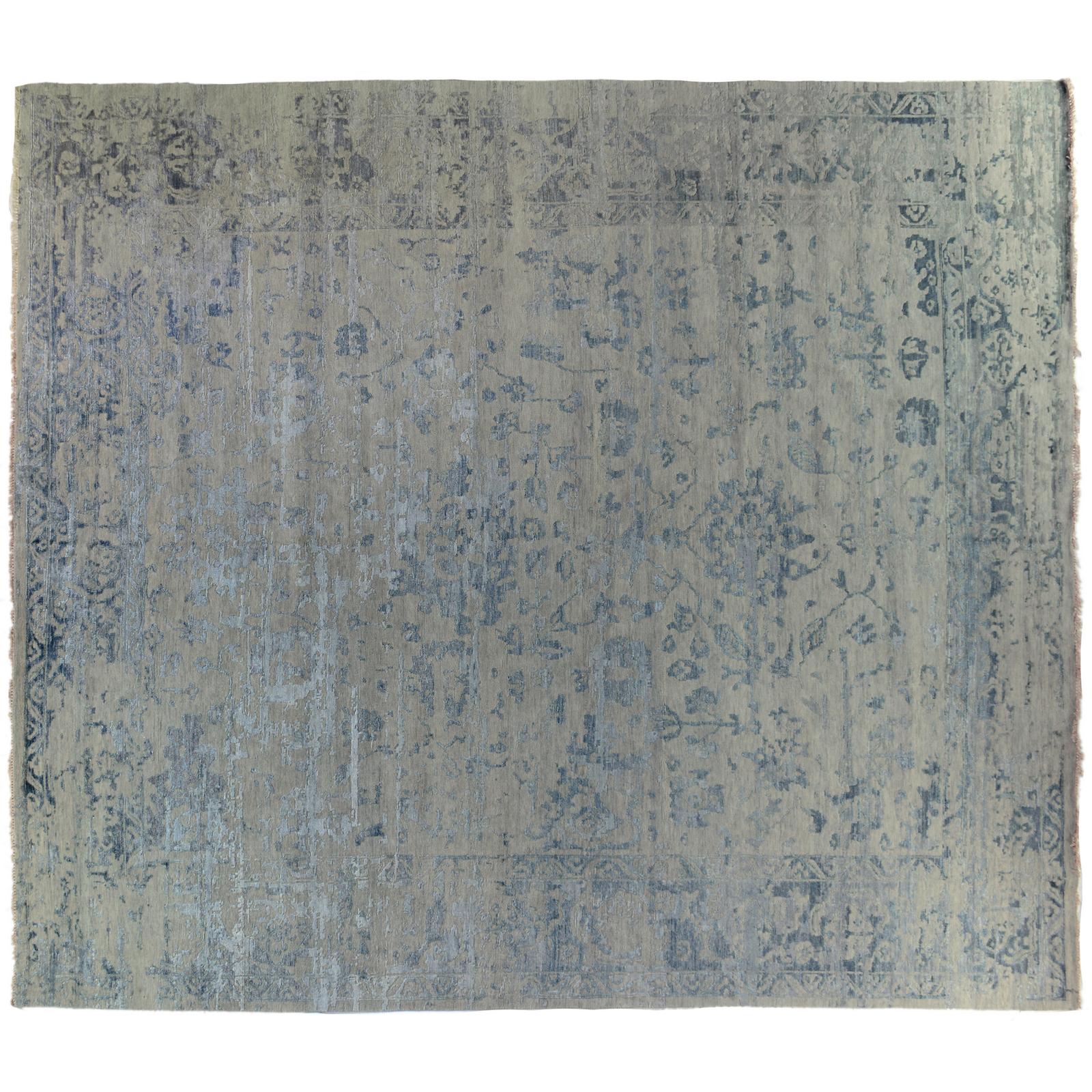 Blauer indischer Teppich aus Wolle im Übergangsstil im Angebot