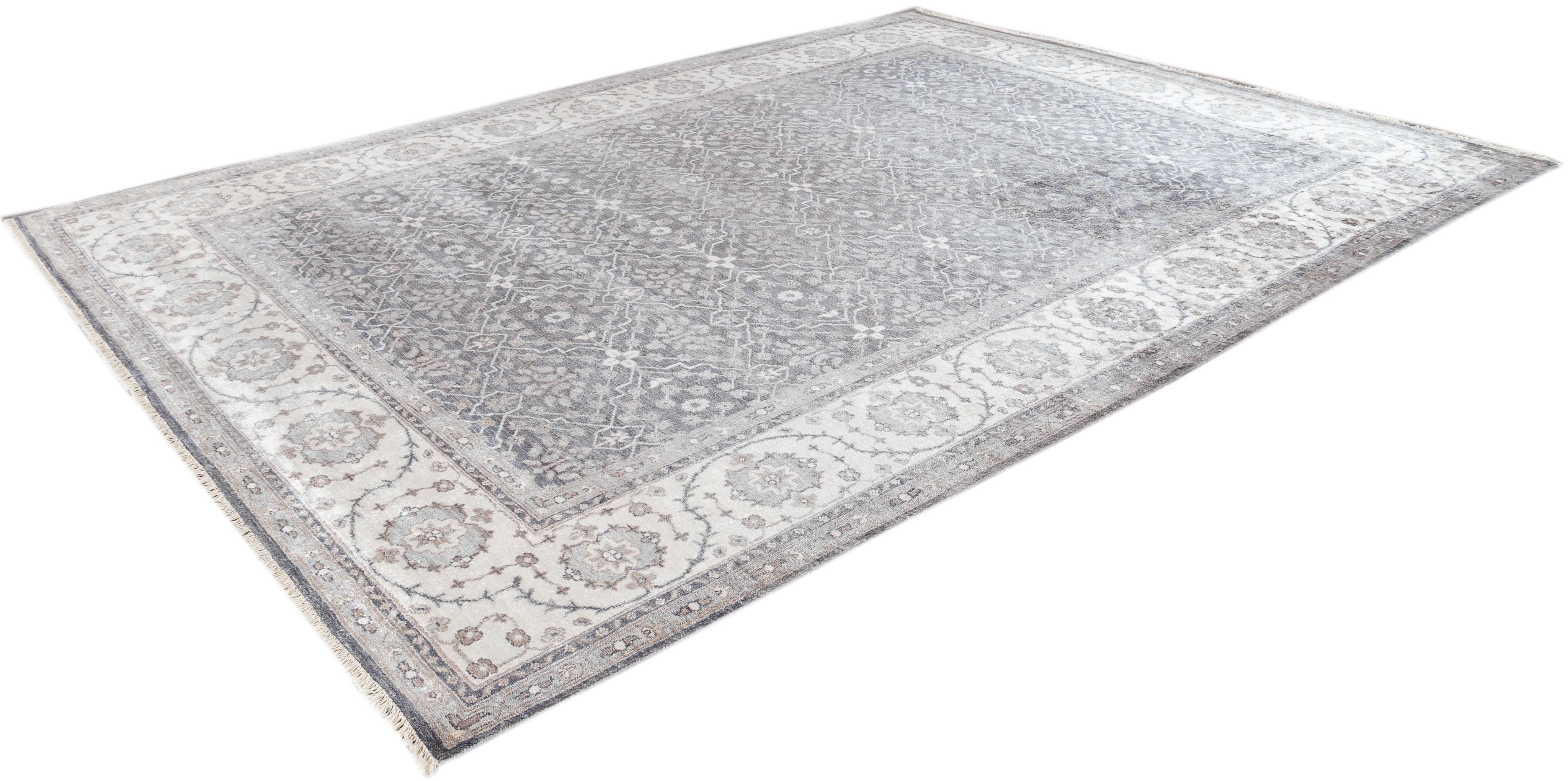 Wool Transitional Blue & Ivory Silk Area Rug