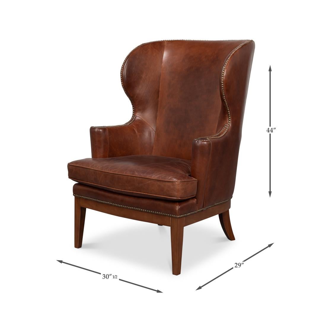 Transitional Brown Leather Wing Chair en vente 4