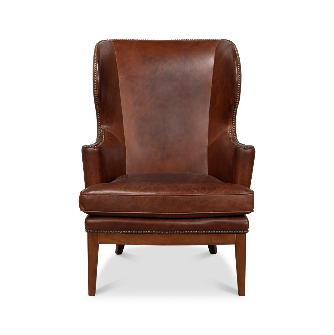 Classique américain Transitional Brown Leather Wing Chair en vente