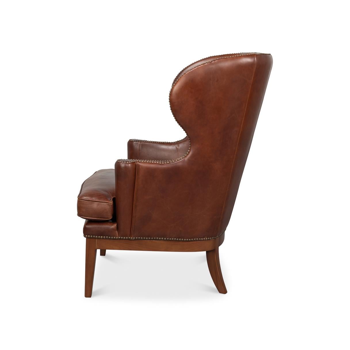Asiatique Transitional Brown Leather Wing Chair en vente
