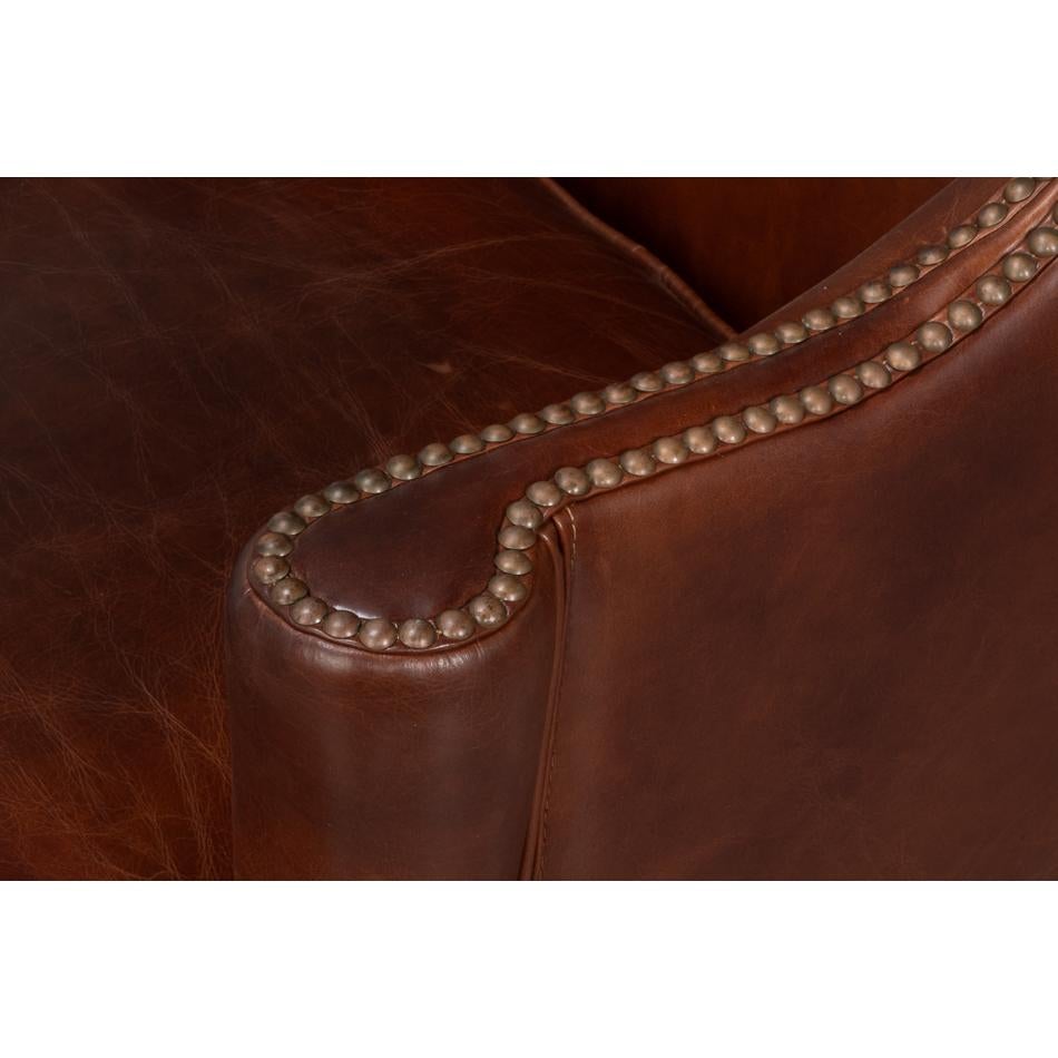 Cuir Transitional Brown Leather Wing Chair en vente