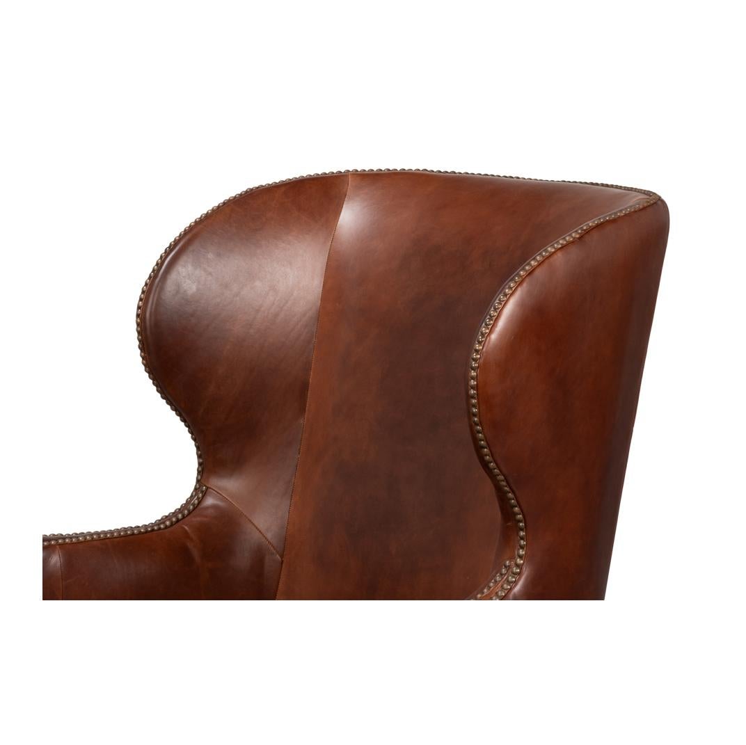 Transitional Brown Leather Wing Chair en vente 2