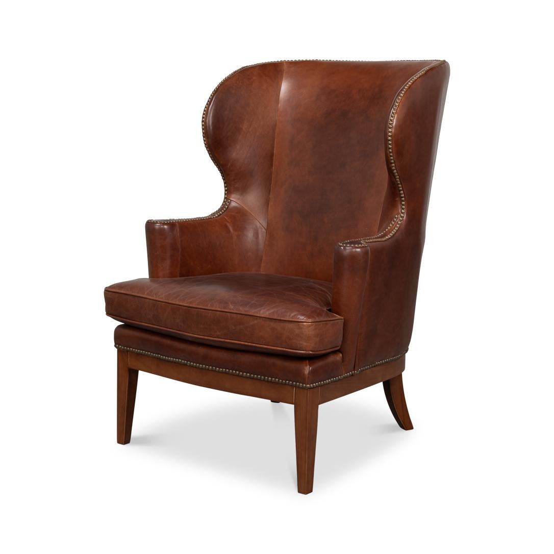 Transitional Brown Leather Wing Chair