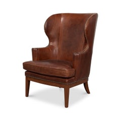Transitional Brown Leather Wing Chair