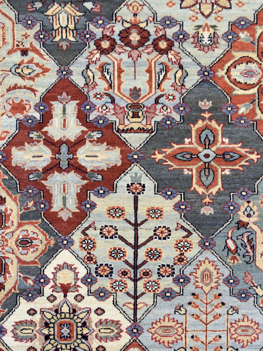 Persiano Tappeto tribale in lana, persiano Bakhtiari, crema, blu, arancione, rosso, 10' x 13' in vendita