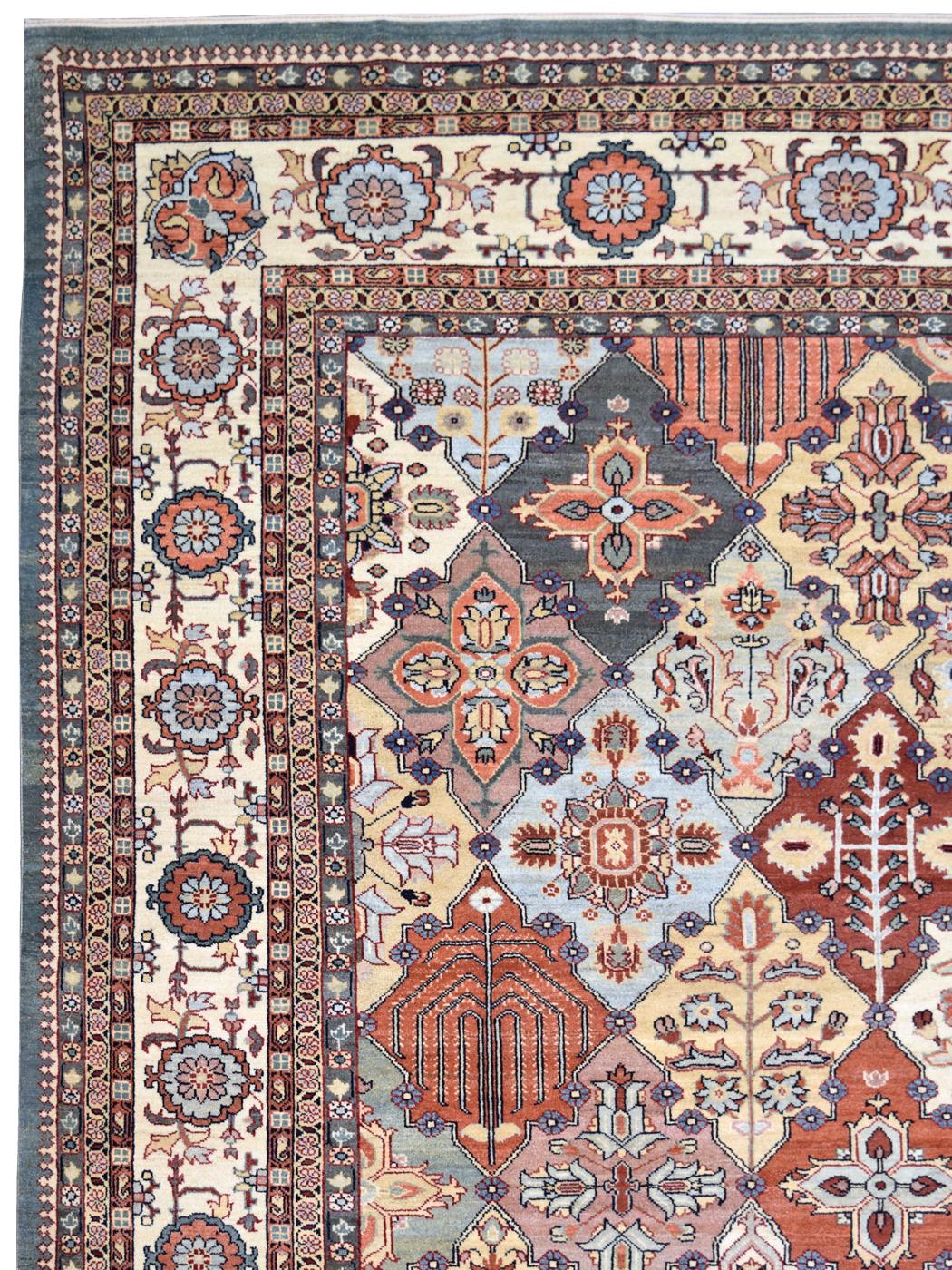 Tapis persan Bakhtiari en laine nouée à la main, crème, bleu, orange, rouge, 10' x 13'. en vente 1