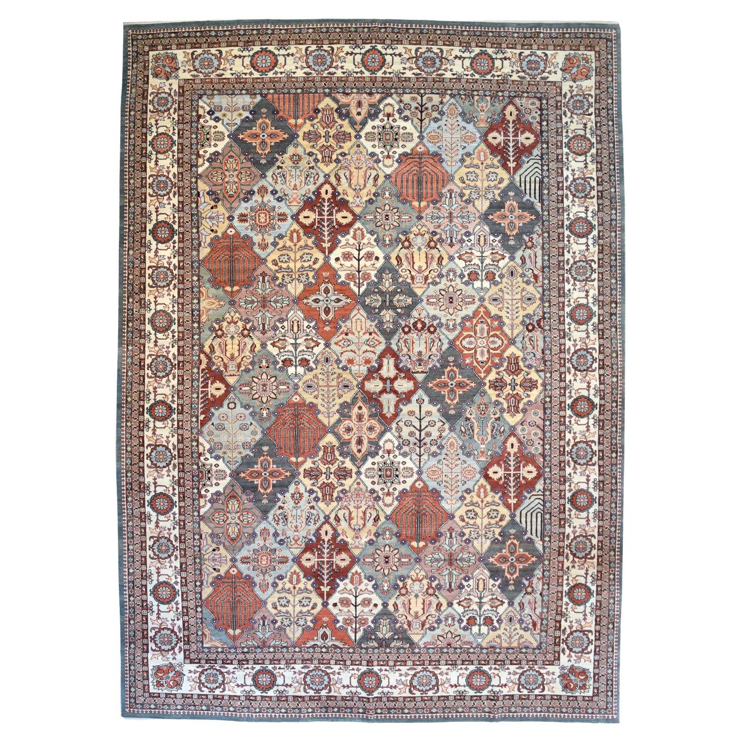 Tribal Wool, Persian Bakhtiari Carpet, Cream, Blue, Orange, Red, 10’ x 13’ For Sale