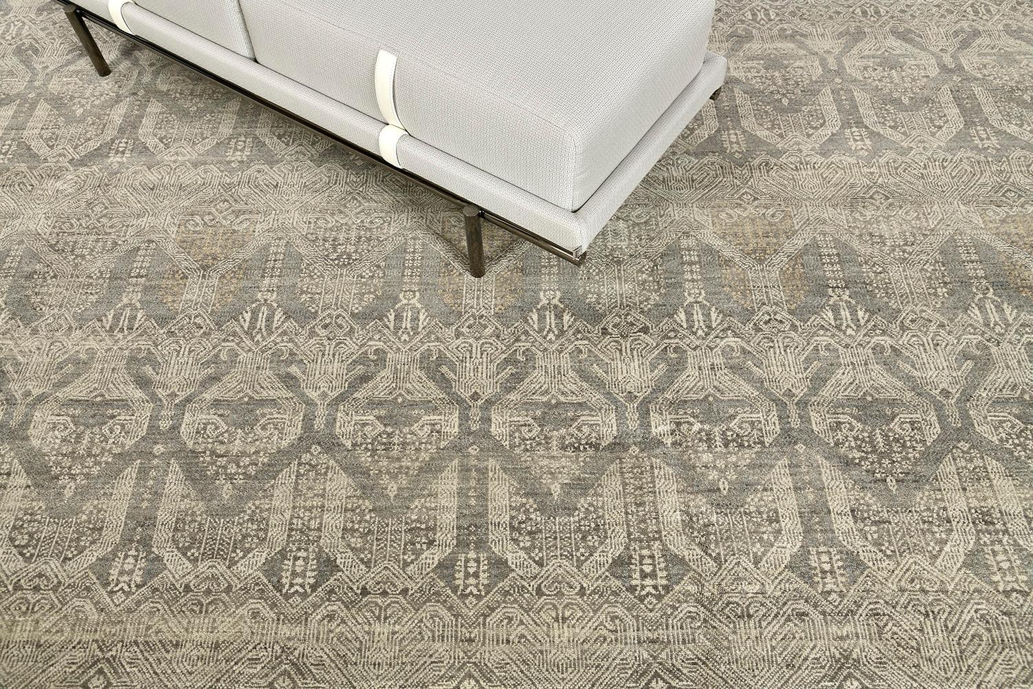This unique transitional design from the Allure collection is the quintessence of charm and refinement. A wool pile weave that intricately weaves over a palette of grayish teal ground with ivory motif and brassy taupe accent. A contemporary