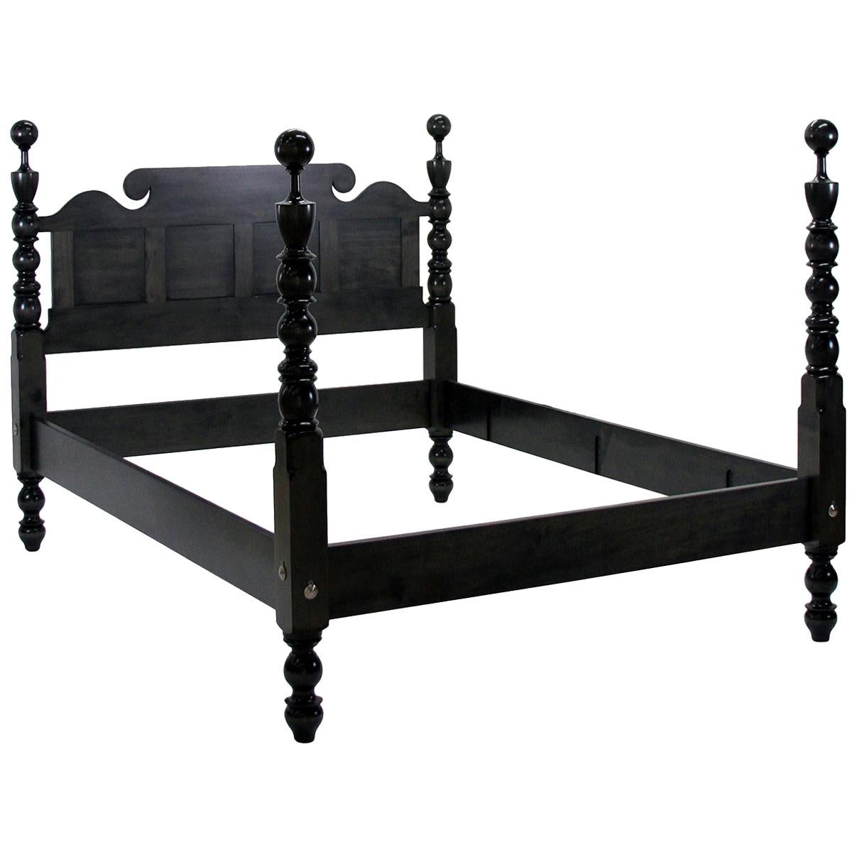 Transitional Ebony Stained Maple Four Poster Cannonball Bed with Panel Headboard For Sale