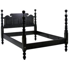 Transitional Ebony Stained Maple Four Poster Cannonball Bed with Panel Headboard