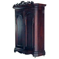 Antique Transitional Empire into Victorian Carved Flame Mahogany Wardrobe, c1860