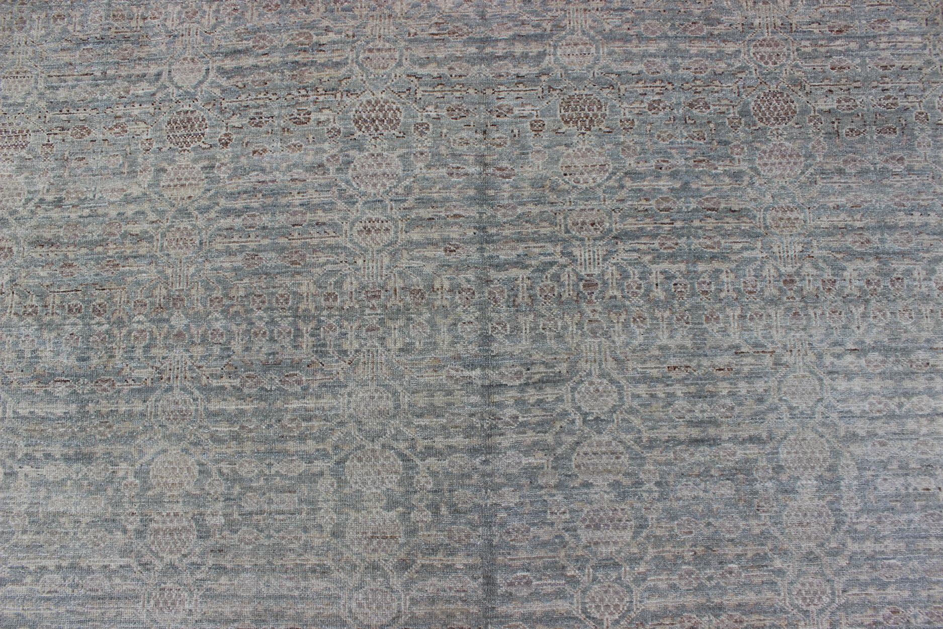 Contemporary Transitional, Finely Woven Khotan Pomegranate Design in Gray/Green, Brown, Taupe For Sale