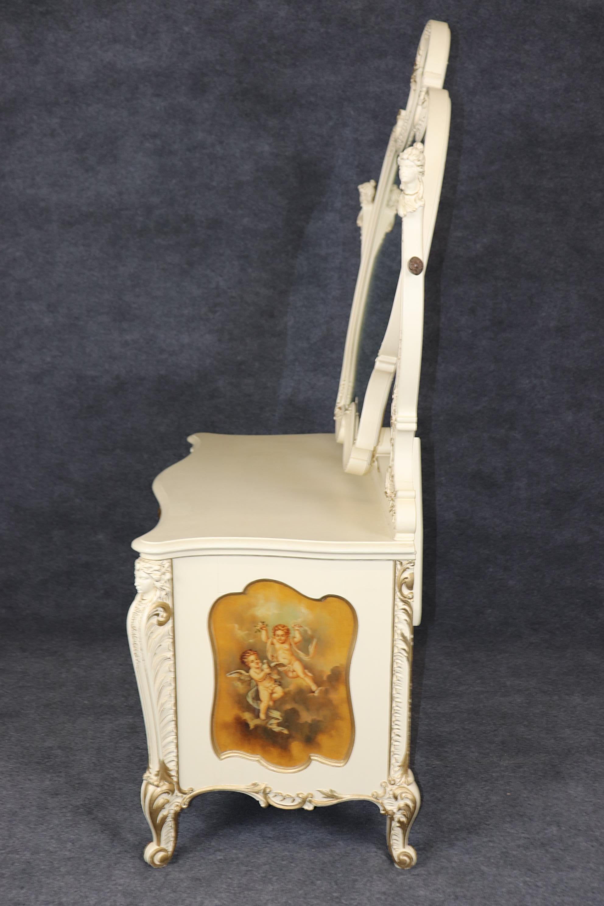 Walnut Transitional French Louis XV Art Nouveau Figural Painted Dresser with Mirror For Sale