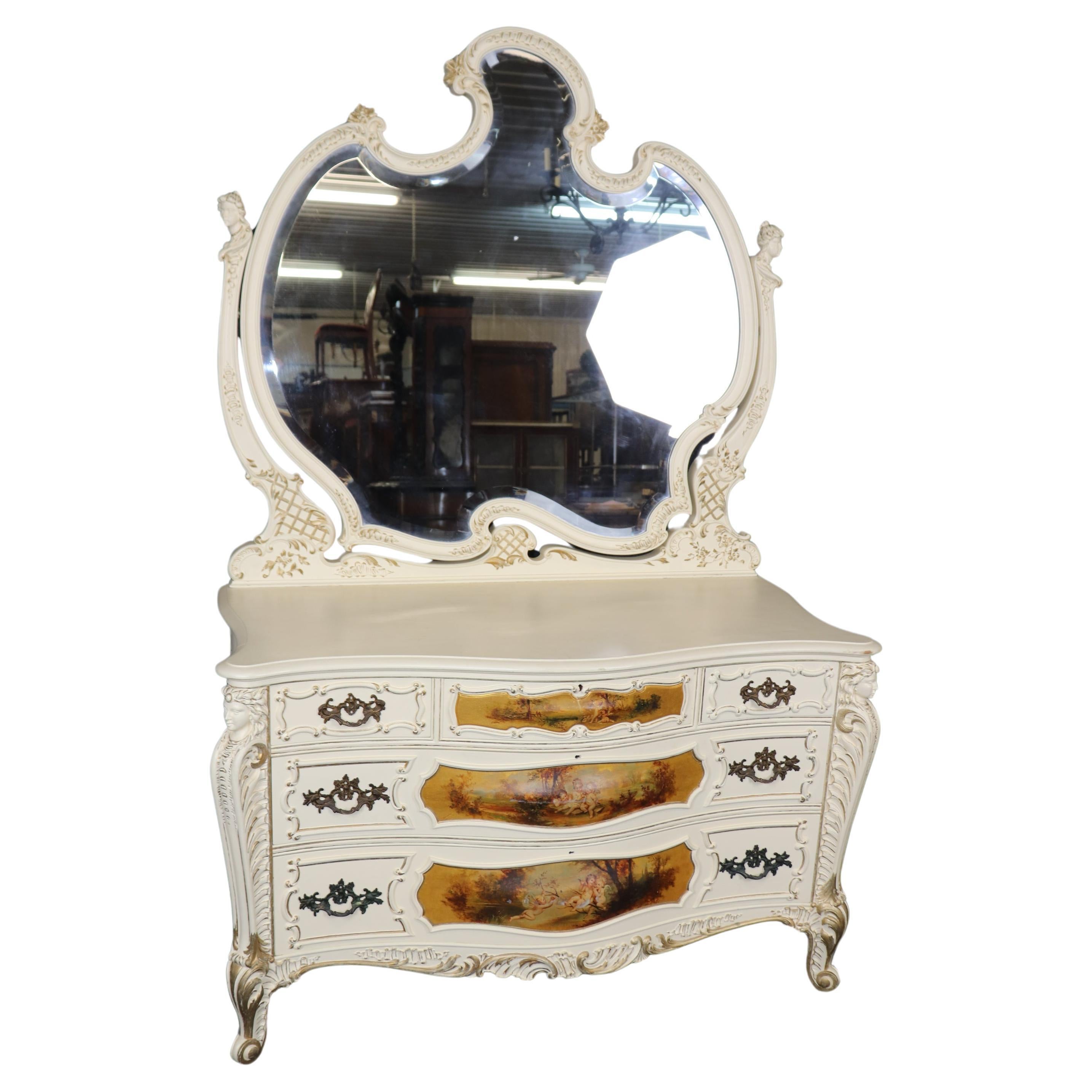 Transitional French Louis XV Art Nouveau Figural Painted Dresser with Mirror