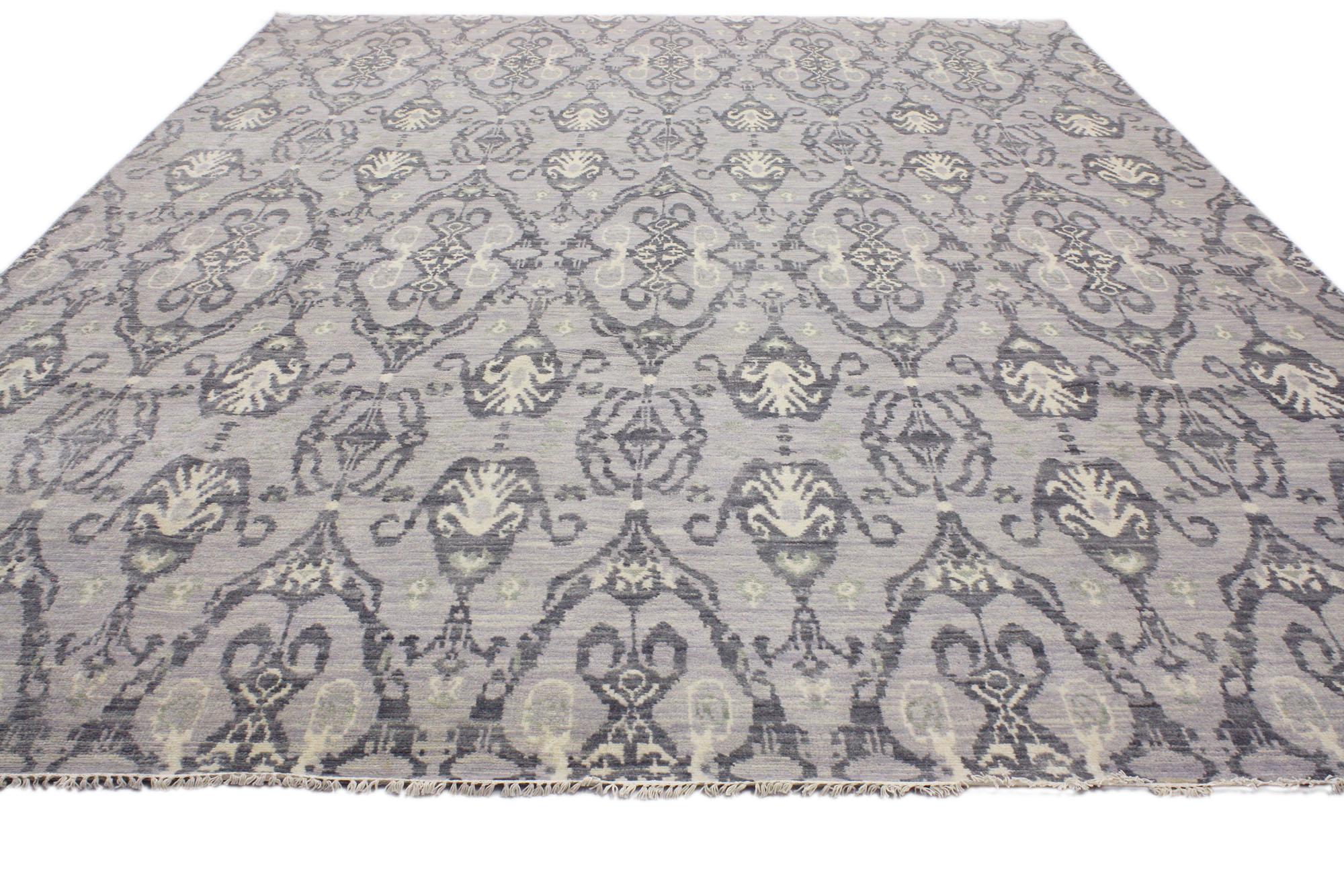 Indian Transitional Gray Damask Ikat Area Rug, Global Chic Meets Modern Elegance For Sale