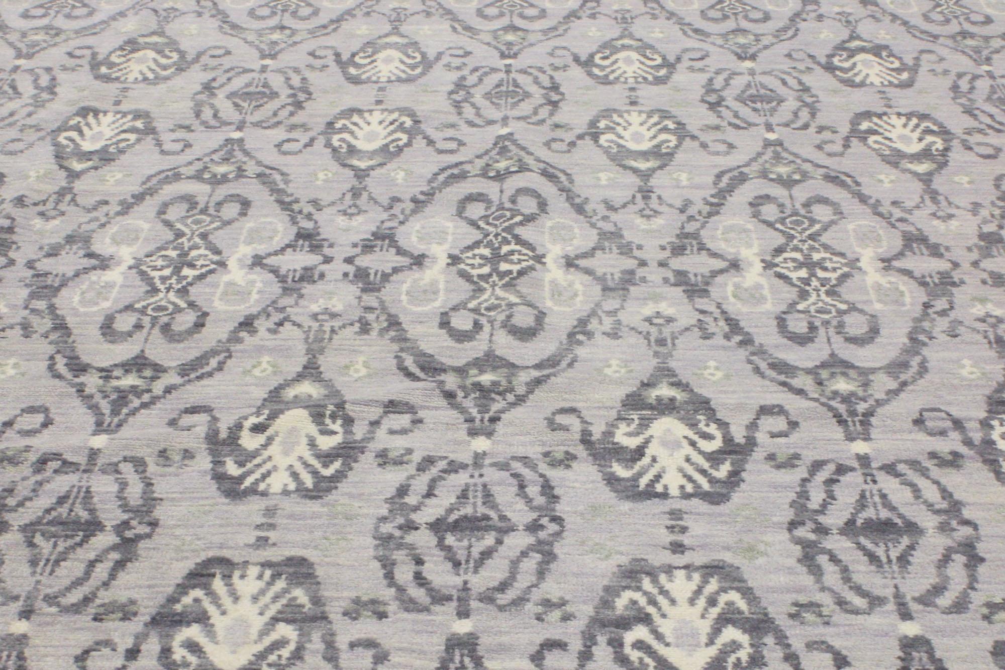 Hand-Knotted Transitional Gray Damask Ikat Area Rug, Global Chic Meets Modern Elegance For Sale