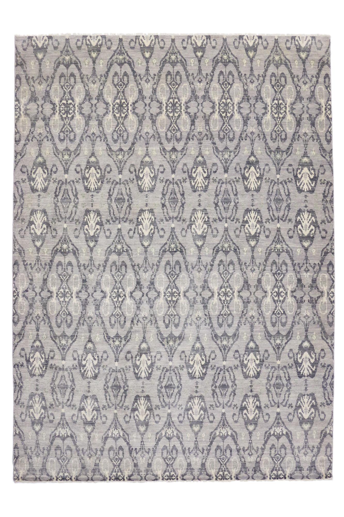 Contemporary Transitional Gray Damask Ikat Area Rug, Global Chic Meets Modern Elegance For Sale