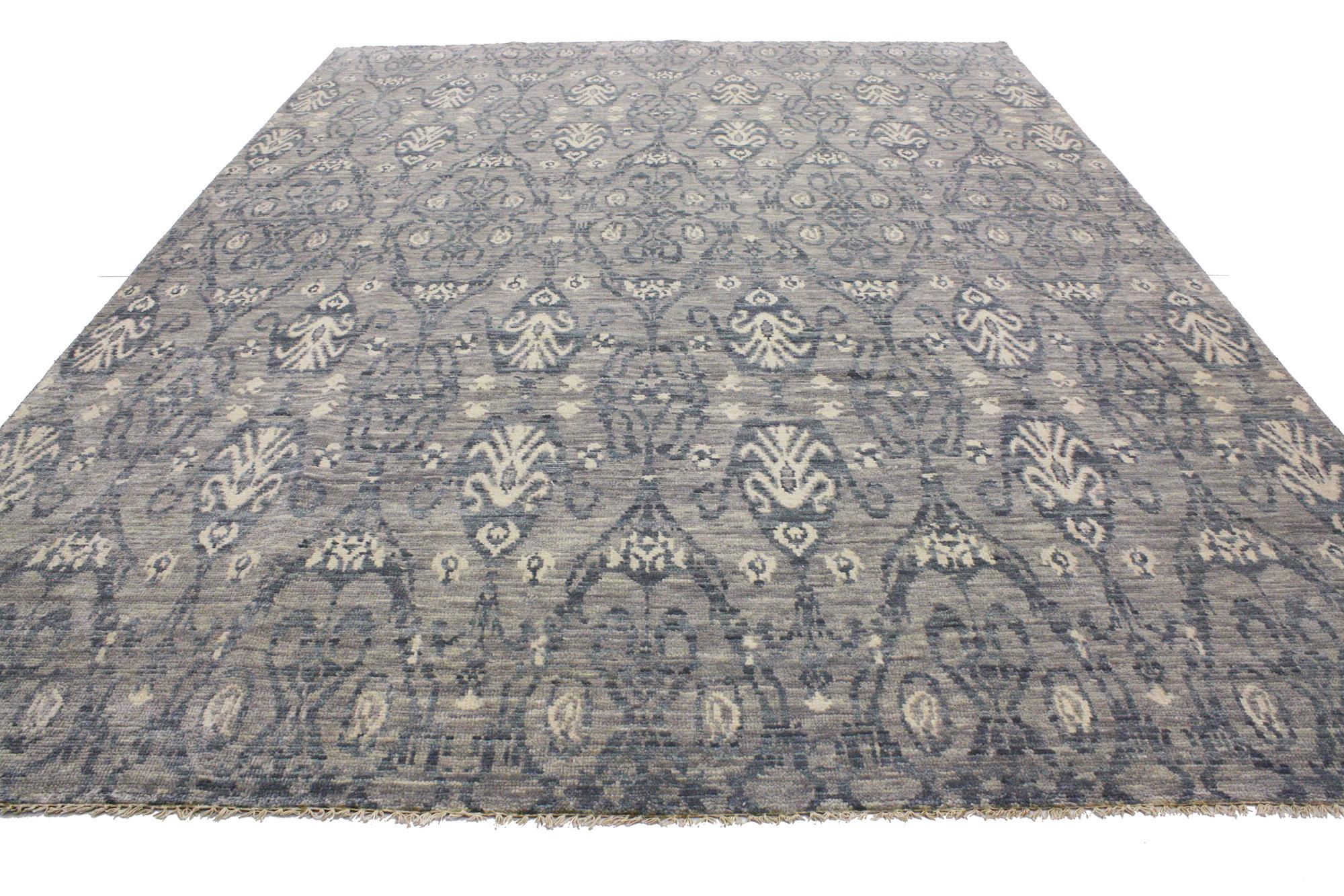 Indian Transitional Gray Ikat Area Rug, Modern Elegance Meets Timeless Appeal For Sale