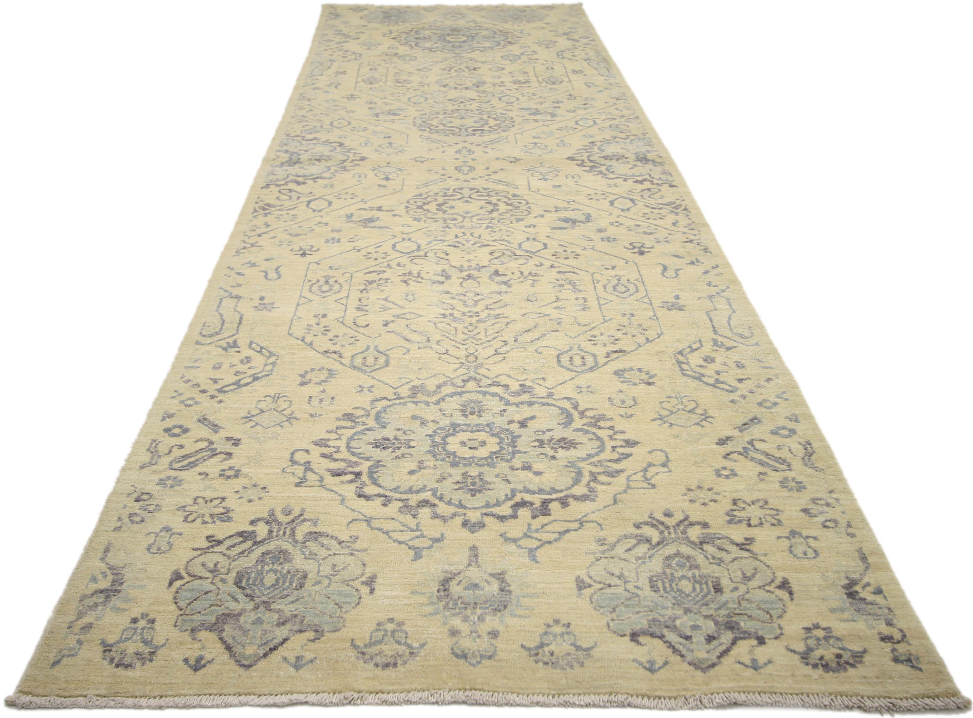 Hand-Knotted New Transitional Hallway Runner with Romantic Chinoiserie Chic Style  For Sale