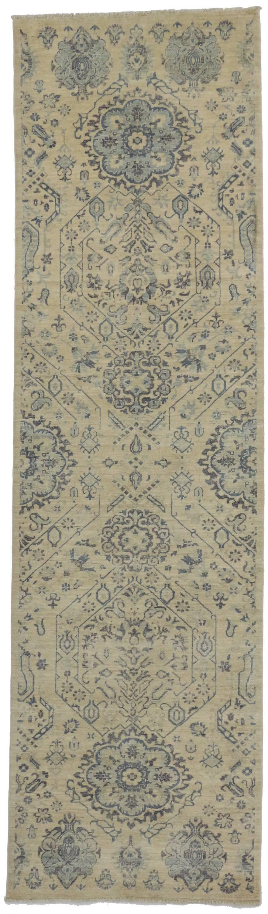 Contemporary New Transitional Hallway Runner with Romantic Chinoiserie Chic Style  For Sale