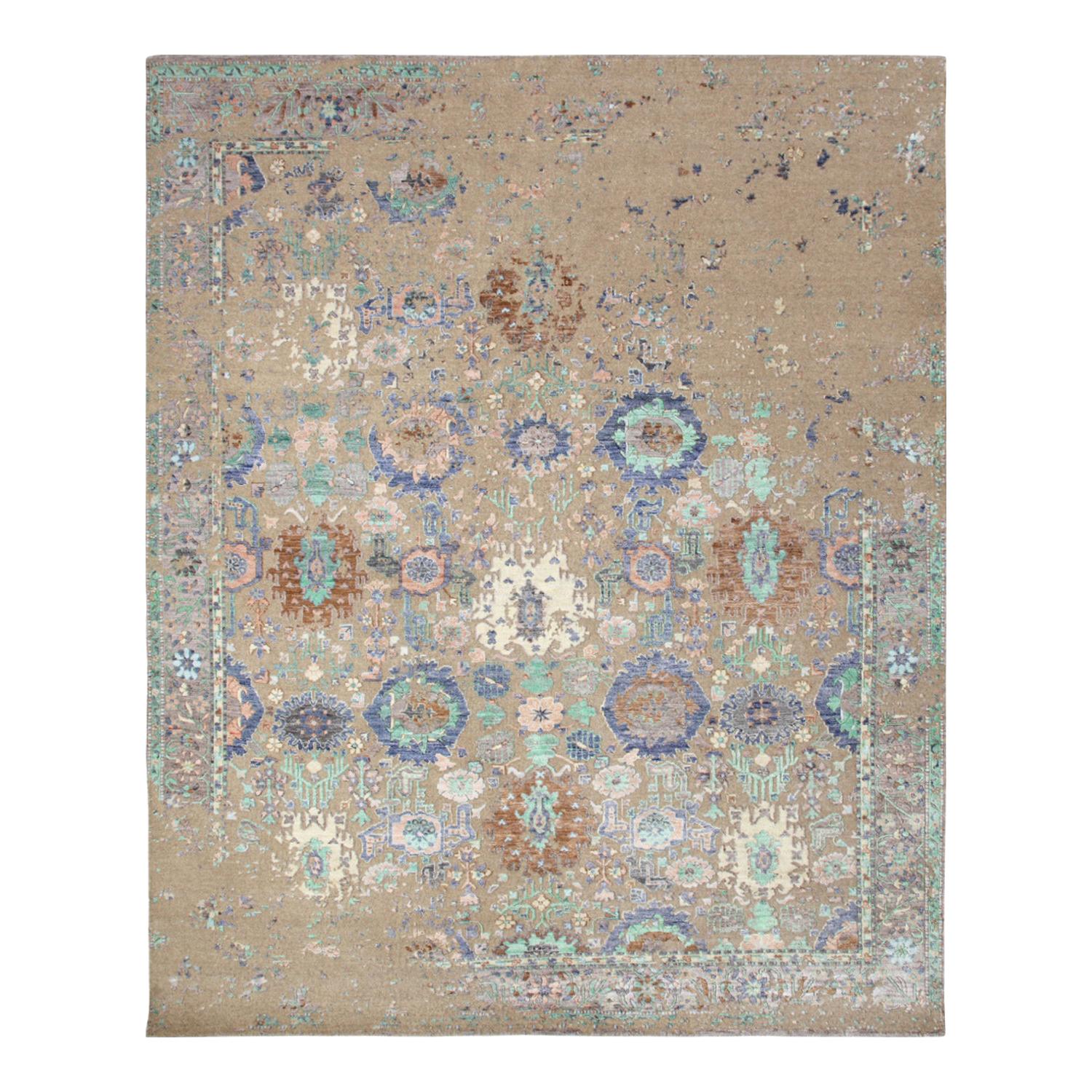One-of-a-Kind Modern Wool Viscose Blend Hand-Knotted Area Rug, Tan, 7'11 x 10'1