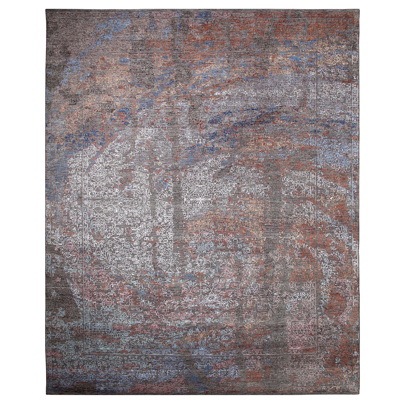 One-of-a-Kind Modern Wool Viscose Blend Hand-Knotted Area Rug, Ash, 9 x 12' 2